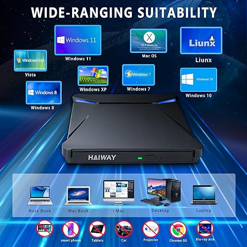 Miniatura 6 de Unidad de DVD externa, USB 3.0 Tipo-C portátil CD DVD Drive Burner Player Reader Writer con 2 puertos USB 3.0 y ranuras para tarjetas TFSD, unidad