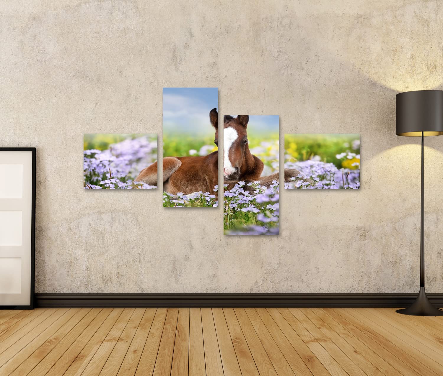 islandburner - Cuadro sobre lienzo (potro lindo sobre flores de prado, pequeño caballo suave para habitación de los niños, marco para póster de pared