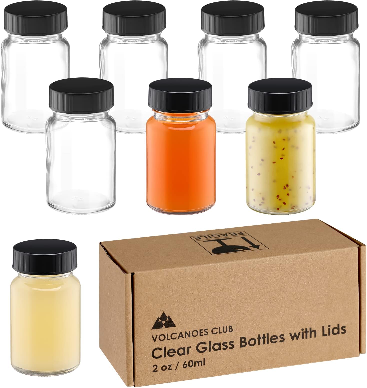 2oz Glass Jars with Lids - Glass Shot Bottles Set for Liquids, Juicing, Ginger Shot, Sample - Small Containers with Screw Caps - Clear Mini Round Bottles - Leakproof/Wide Mouth - 8 pack