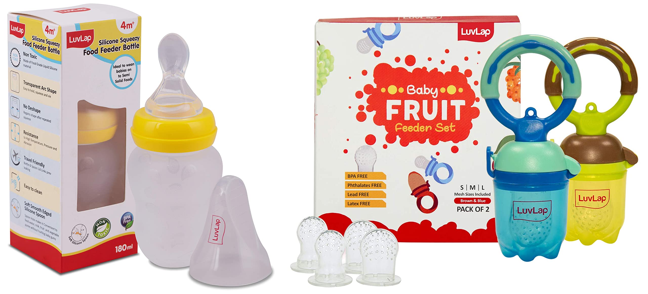 Luv Lap Feeding Spoon with Squeezy Food Grade Silicone Feeder Bottle, for Infant Baby, 180ml & LuvLap Baby Food and Fruit Feeder Twin Pack with Three Feeder Sack Sizes, BPA Free, Brown and Blue
