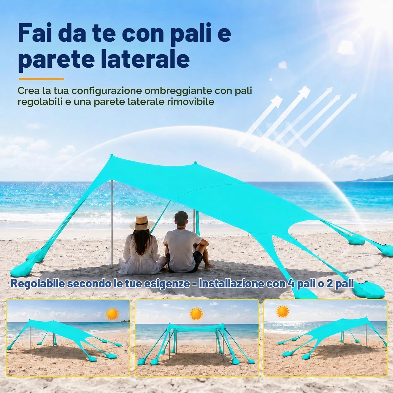 3.1x3.1m Tenda da Spiaggia Ultra Stabile Portatile con Pareti Laterali, Protezione UV UPF50+ Tenda da Mare Super Antivento con 8 Ancoraggi a Sabbia Riempibili e 4 Aste in Alluminio, Turchese