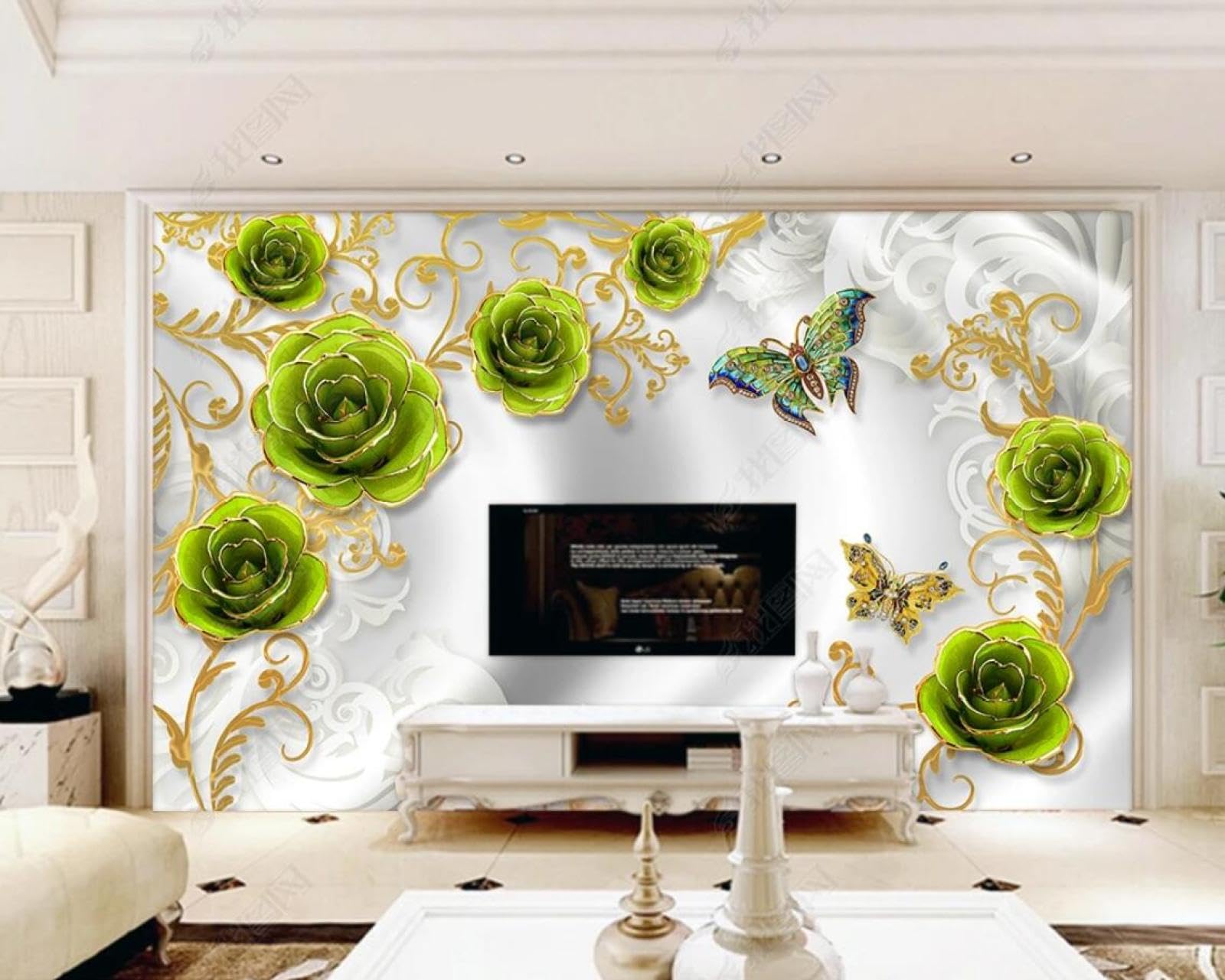 Papier Peint Panoramique Fleurs Vertes Papillons Tapisserie Murale 3D Salon Chambre ZX10122