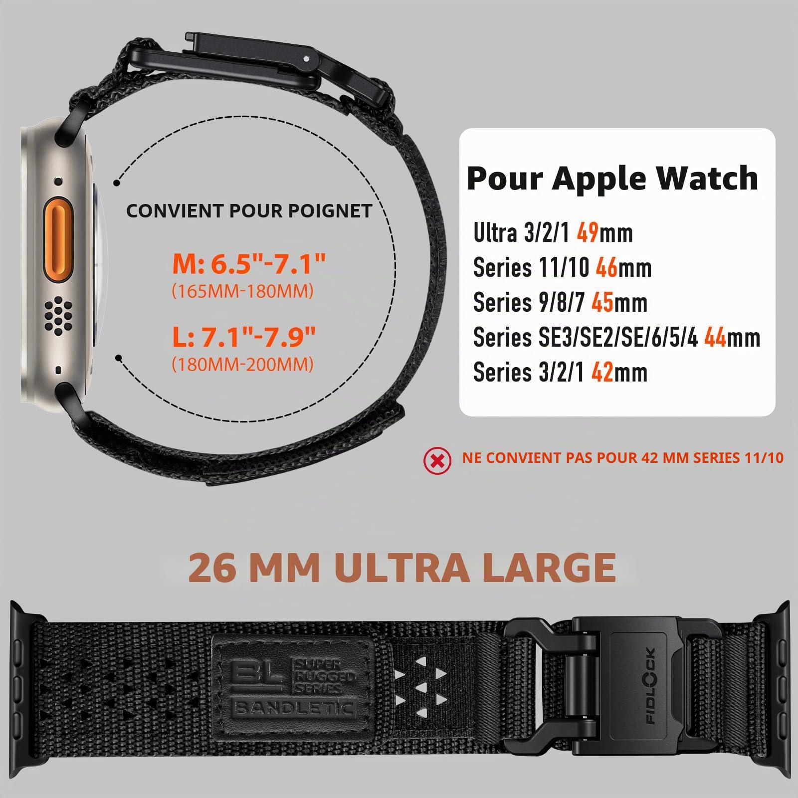 Bandletic Compatible avec Bracelet Apple Watch 49mm 46mm 45mm 44mm 42mm