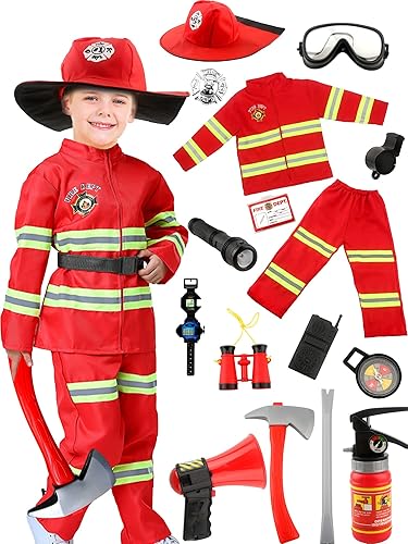 Conjunto de 17 piezas de disfraz de bombero para niños, jefe de bombero, trajes de disfraz para Halloween, bombero, juguetes de juego de rol