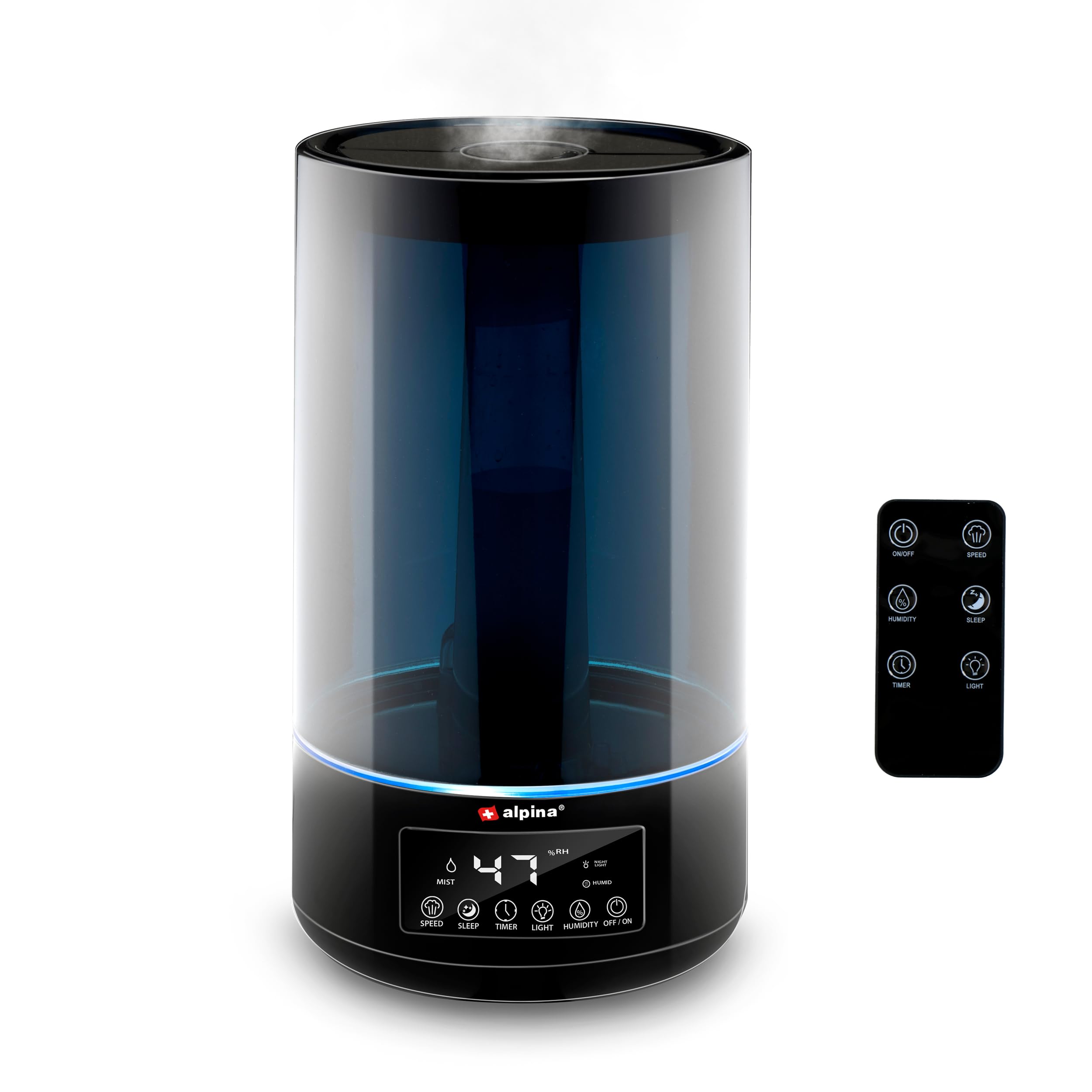 alpina Humidificateur d'Air Chambre - 4.3L - Humidificateur Ultrasonic Mist - Humidificateur Plantes d'intérieur - Diffuseur avec Timer - Aromathérapie - Veilleuse - Télécommande - Noir