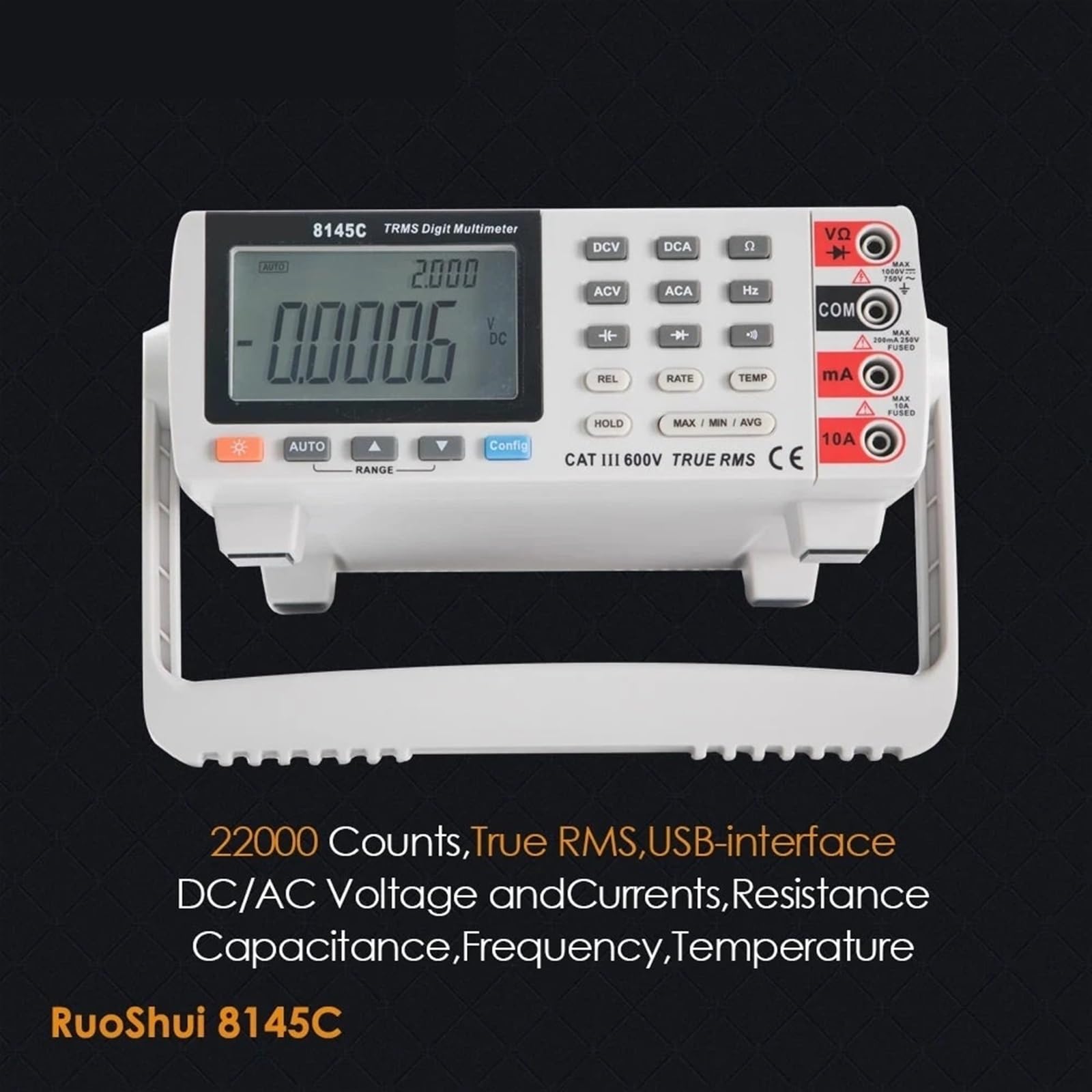 Medidor LCR Multímetro digital 8145C de sobremesa, 22 000 cuentas, RMS verdadero, 1000 V, 10 A, comprobador voltios, amperios, ohmios, capacitancia y Hz