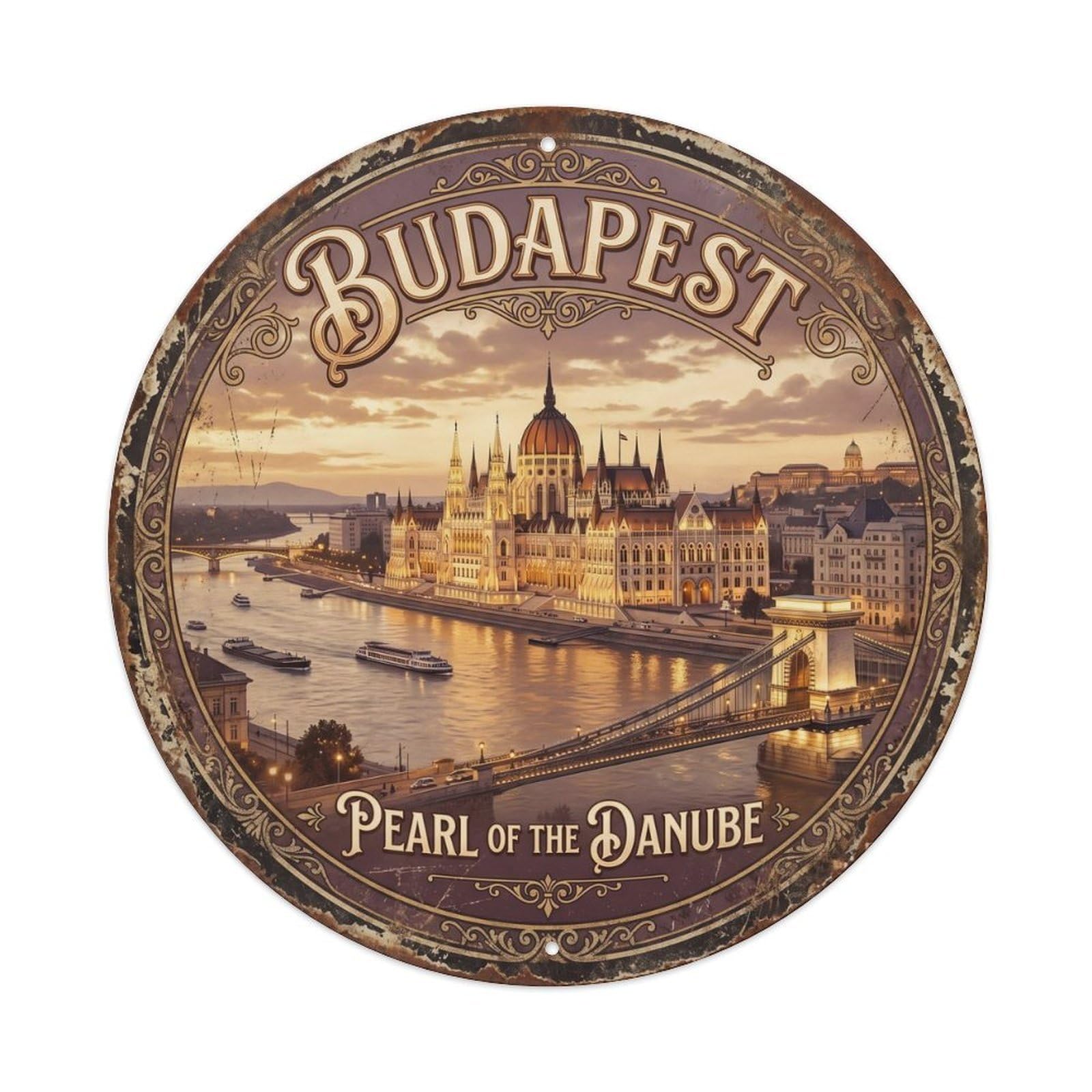 Cmhok Vintage Style Vintage Travel Budapest Parliament Hungary Metal Tin Sign Plaque Wall Decor For Cafe, Club, Garden Round Metal Poster 8X8inch