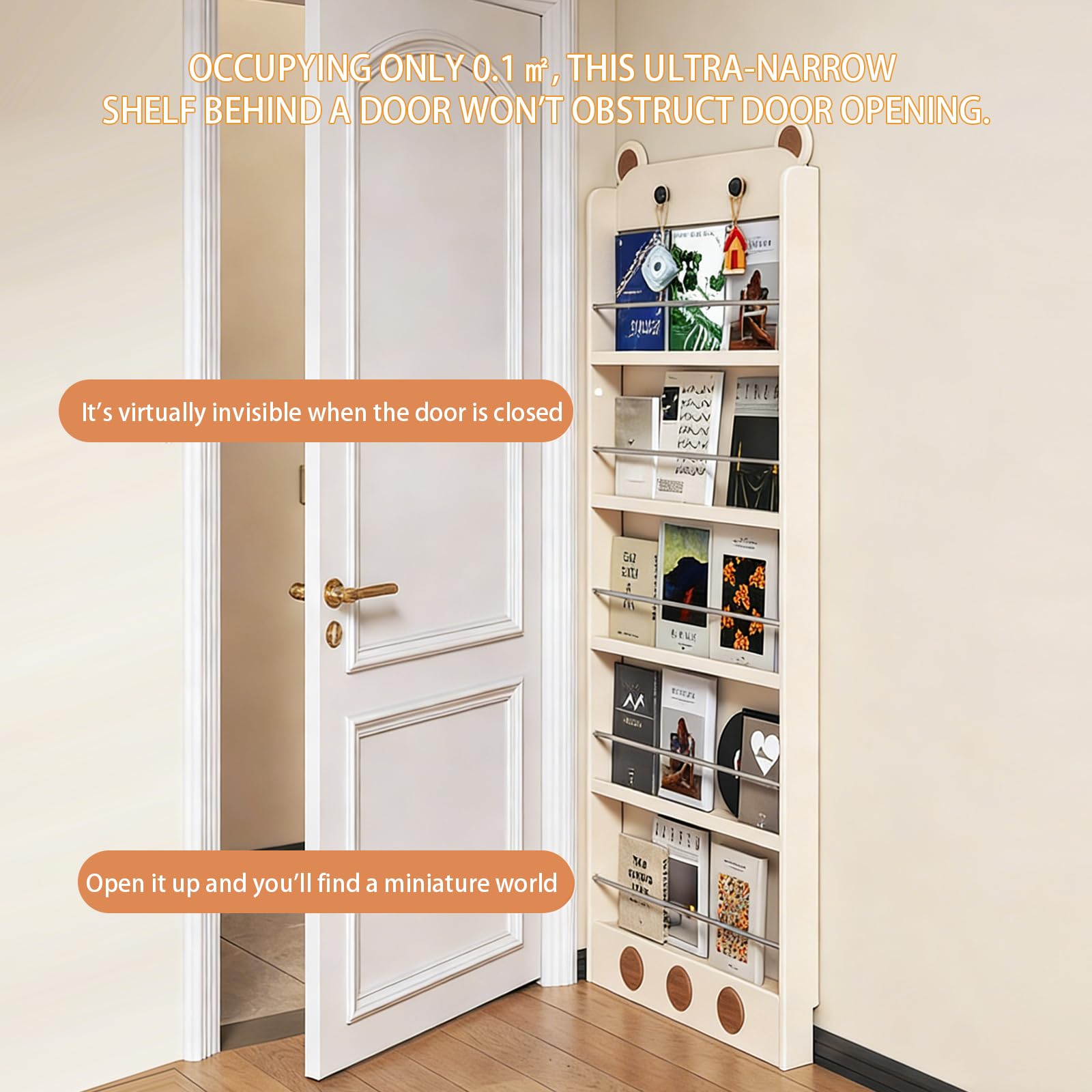 Libreria Stretta Dietro la Porta Libreria Ultrasottile e Stretta con Vano Portaoggetti Dietro l'anta Dotata di Piastra di Protezione in Metallo e Design Antiribaltamento Adatta all'uso Fami 5F 23.6IN