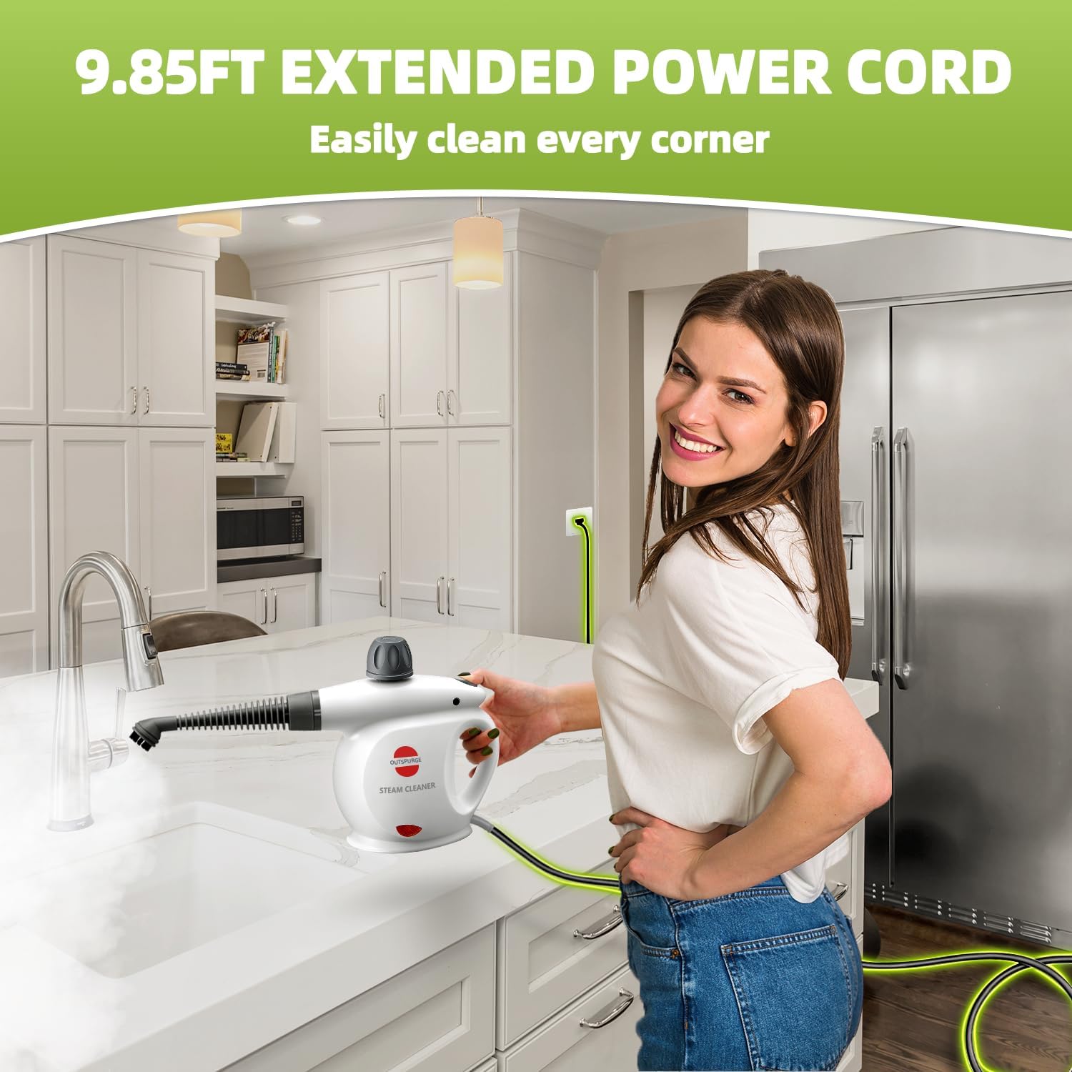 Handheld Steam Cleaner, Pressurized Multi-Surface Steam Shot with 13 Accessories, Safety Lock, Steamer for Cleaning Floor, Upholstery, Grout, Windows, Couch and Car, White