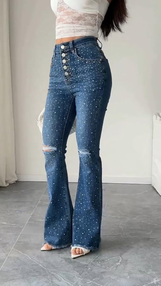 Women's Rhinestone Jeans Bootcut Flare Denim Pants High