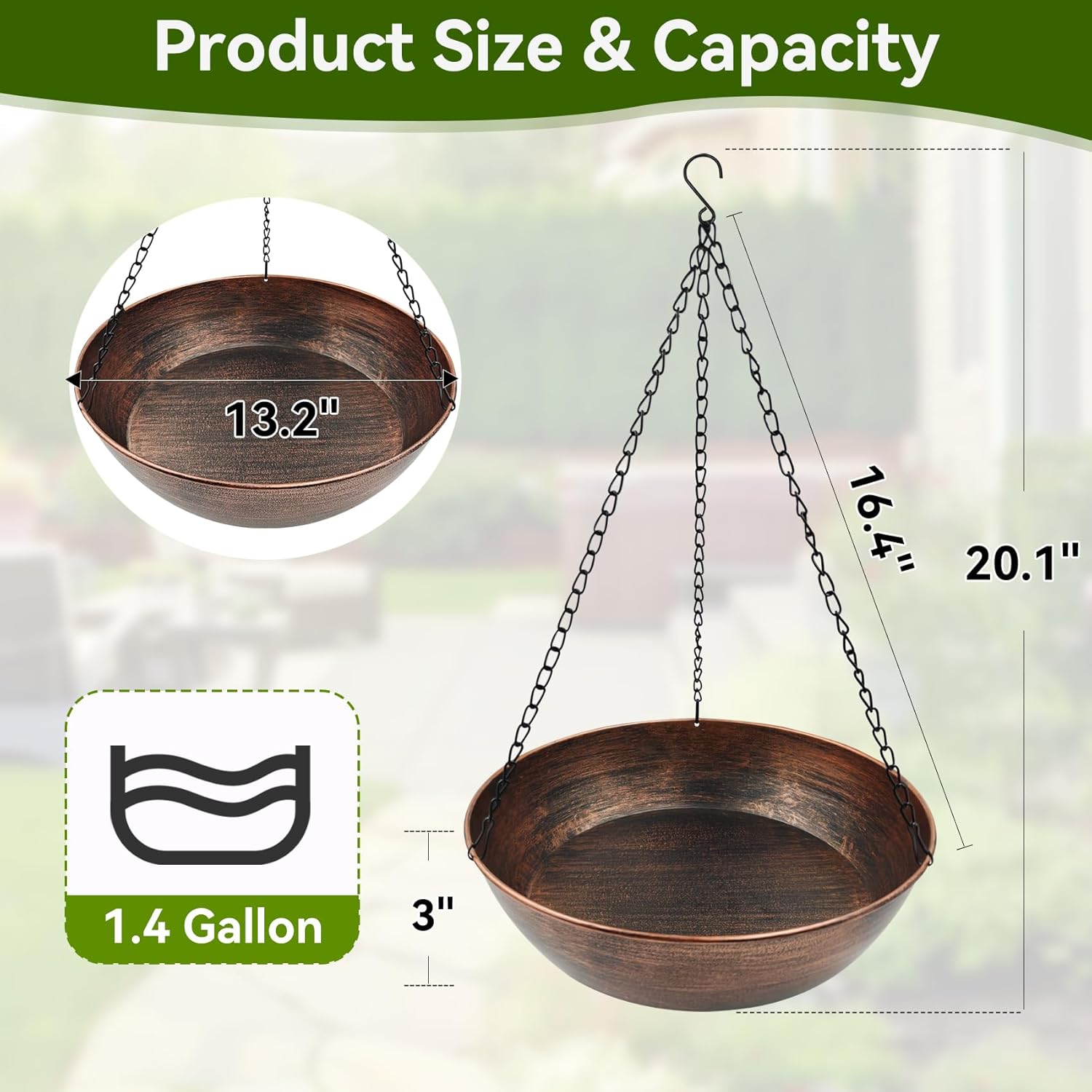 3" Deep Metal Bird Bath for Outdoors, Removable 13" Dia Bowl with Stable Upgrades Stake+Hanging Bird Bath Easy to Clean Birdbaths for Garden Yard Lawn Decor 1.4 Gallon