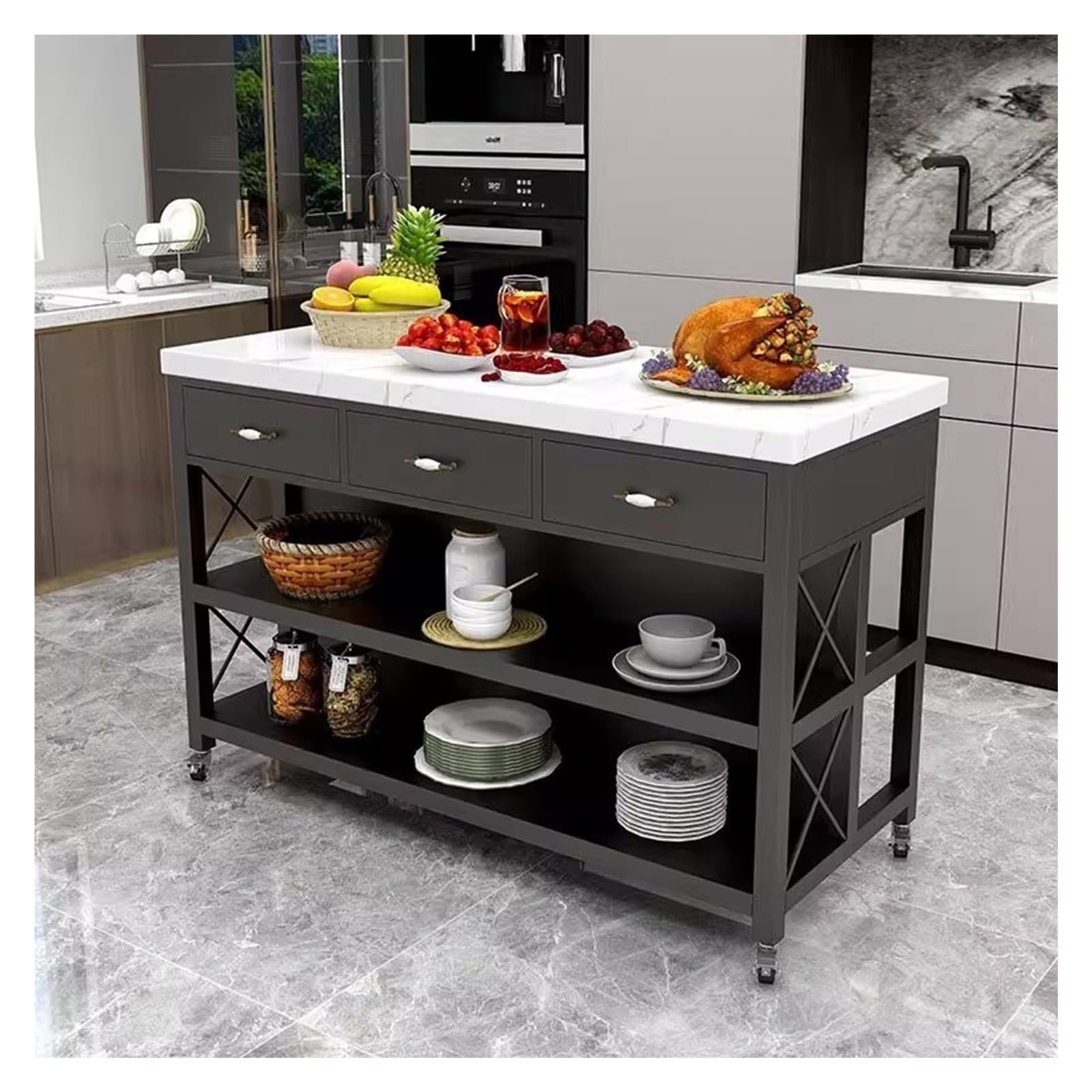 Mobile portaoggetti con cassetti, Carrello for isola da cucina con rotelle, cassetti e ripiani portaoggetti con struttura in metallo e piano in marmo , per riporre la cucina e utilizzare il bancone(M)