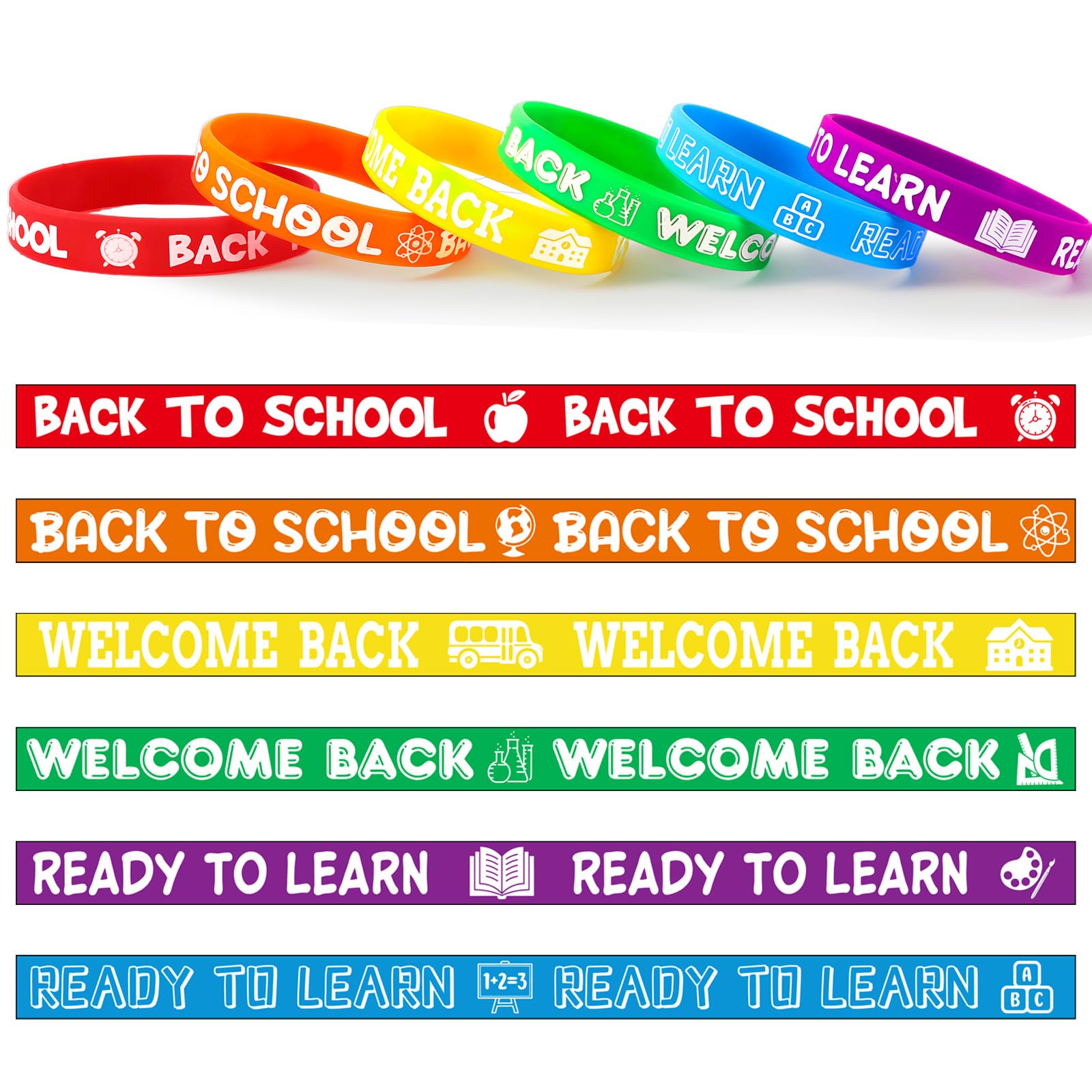 JUNEBRUSHS 30pcs Back to School Silicone Bracelets Rubber Wristbands for First Day of School Gifts Prize School Party Favors Decorations Accessories Stuffers Fillers(6 Designs) - Image 3