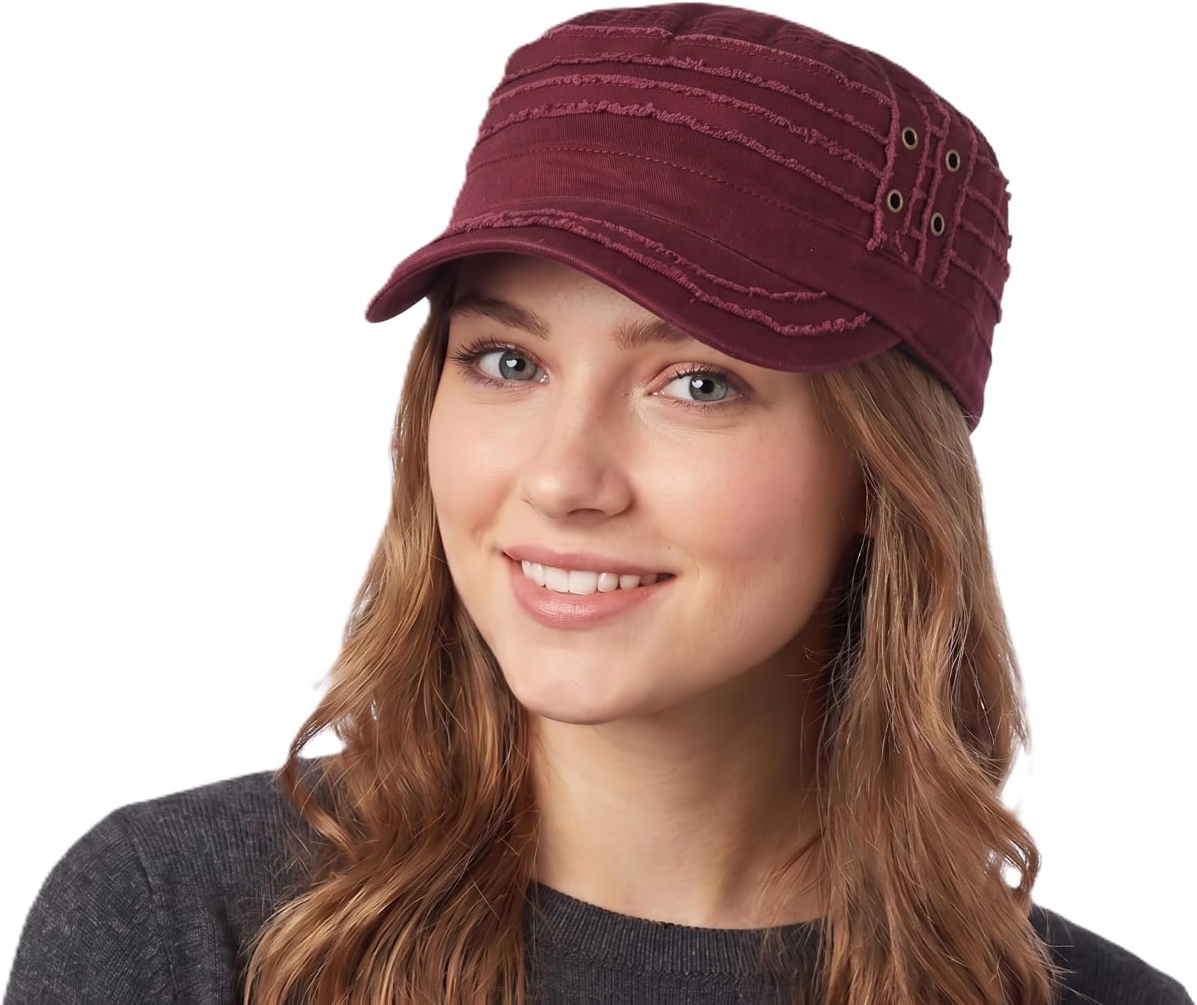 Unisex 100% Cotton Military Cadet Hat - Distressed Frayed Flat Top Cap - Adjustable Everyday Patrol Hat