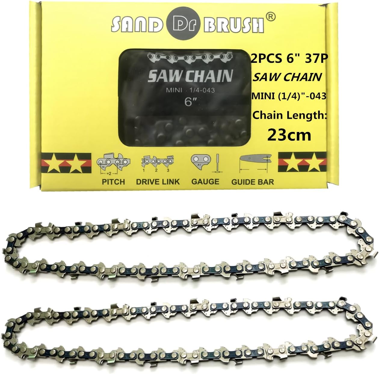 SAND DR BRUSH Mini Chainsaw Replacement 6 Inch Chain Rod .043 Inch 1/4 Inch 37DL, Chain Length 23 cm, Guide Plate 18.5 cm, Effective Cutting Length 15 cm, for All Brands 21-26 V Battery Chainsaw