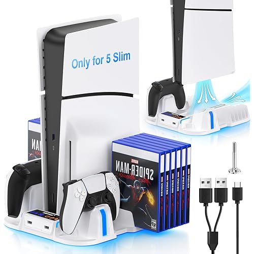 5 Slim Cooling Stand with Controller Charging Station for 5 Slim Console(Digital/Disc), Console Accessories Incl. 3 Levels Cooling Fan, 12 Pcs Game Storage for 5 Slim Console, White