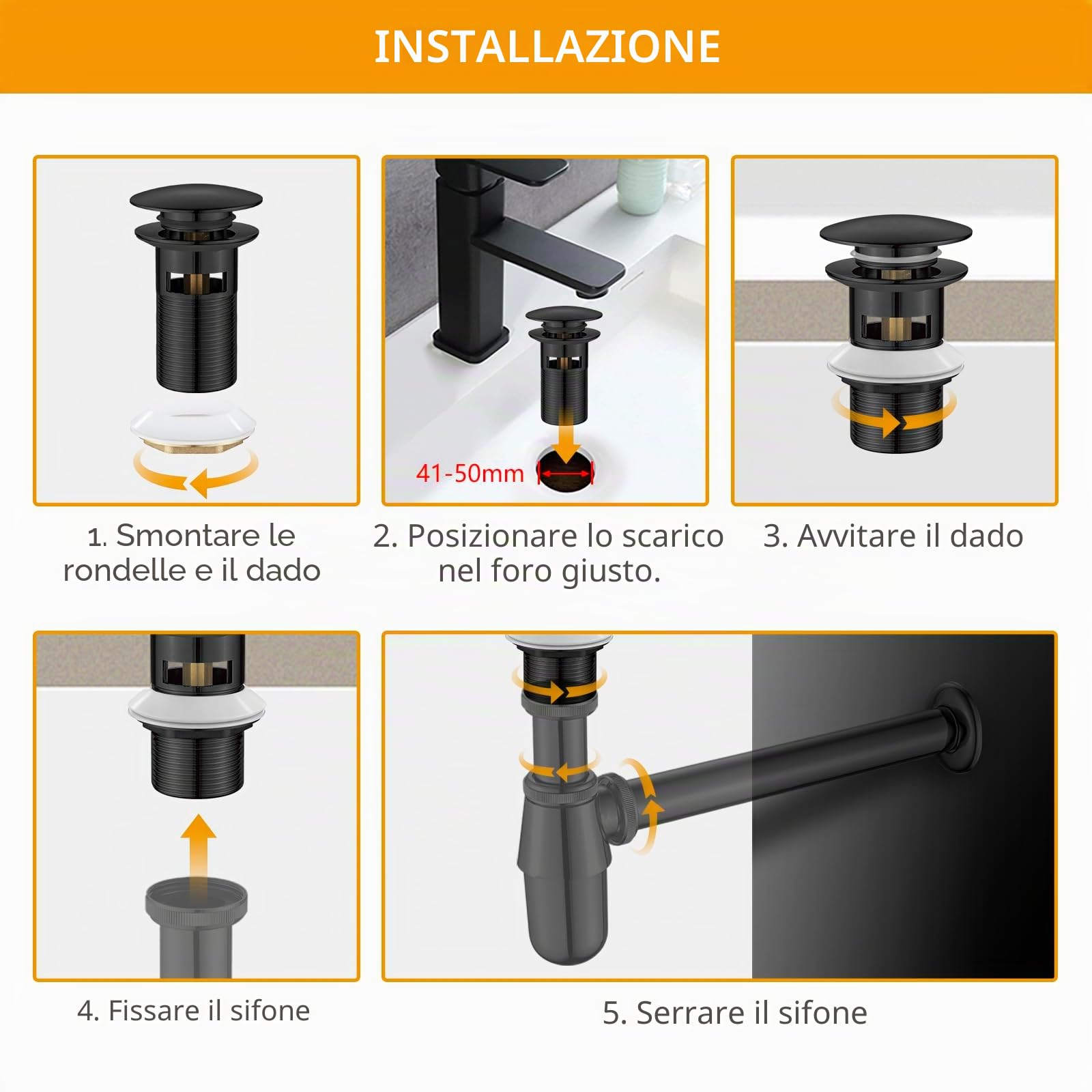 Ibergrif M20502B Tappo di scarico per bagno a scomparsa con troppopieno zincato nero coperchio grande Taglia M