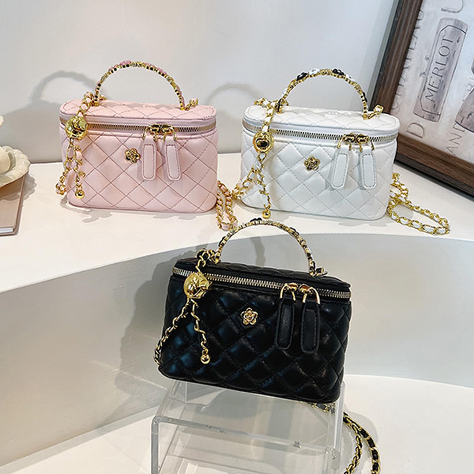 NICOLE & DORIS Bolsos de Mano Pequeños Bolso Cubo Bolso Bandolera con Cadena Bolso de Hombro PU Cuero Bolsos Cruzados para Compras Viajes Citas Trabajo Negro