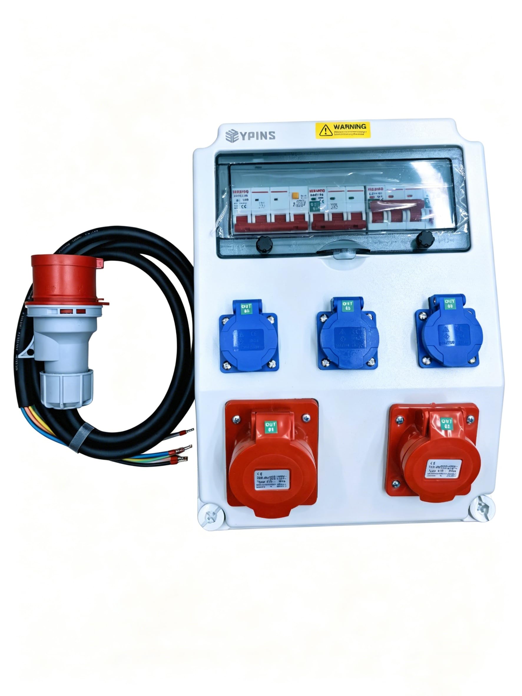EYPINS Rozdzielacz prądu budowlanego z LS+FI, rozdzielacz ścienny 2 x 230 V Schuko, 2 x gniazda CEE 16 A/32 A 1 x 32 A wtyczka CEE, wodoszczelny, trudnopalny rozdzielacz ABS, do warsztatów