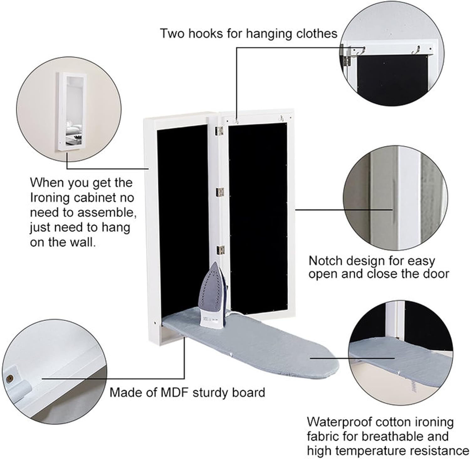Slim Wall Mount Ironing Board Cabinet, Wall Attached Ironing Cabinet with Mirrored Door, Foldable Ironing Board, White