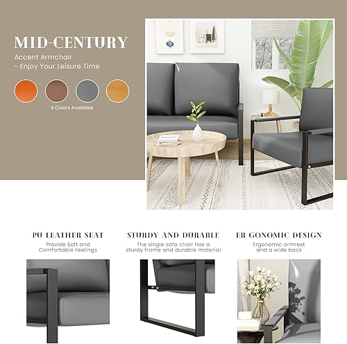 Miniatura 10 de Recaceik Juego de 2 sillas decorativas de cuero, con cojín ergonómico extragrande, marco de metal resistente, antiarañazos, para sofá, silla Gris