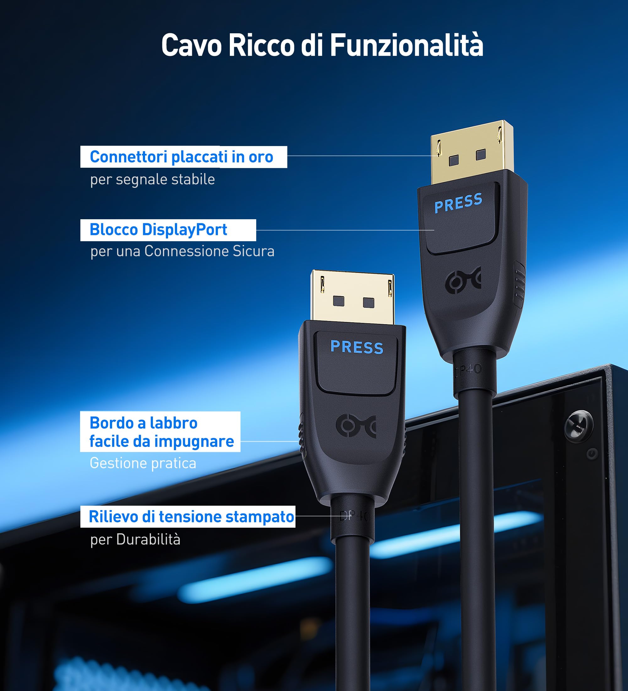 Cable Matters [Certificato VESA] Cavo DisplayPort 2.1 da 2 m, supporto 40 Gbps DP40 8K 60 Hz, 4K 144 Hz in nero con FreeSync, G-SYNC e HDR per monitor da gioco, PC, RTX 4080/4090, RX 7900 e altro