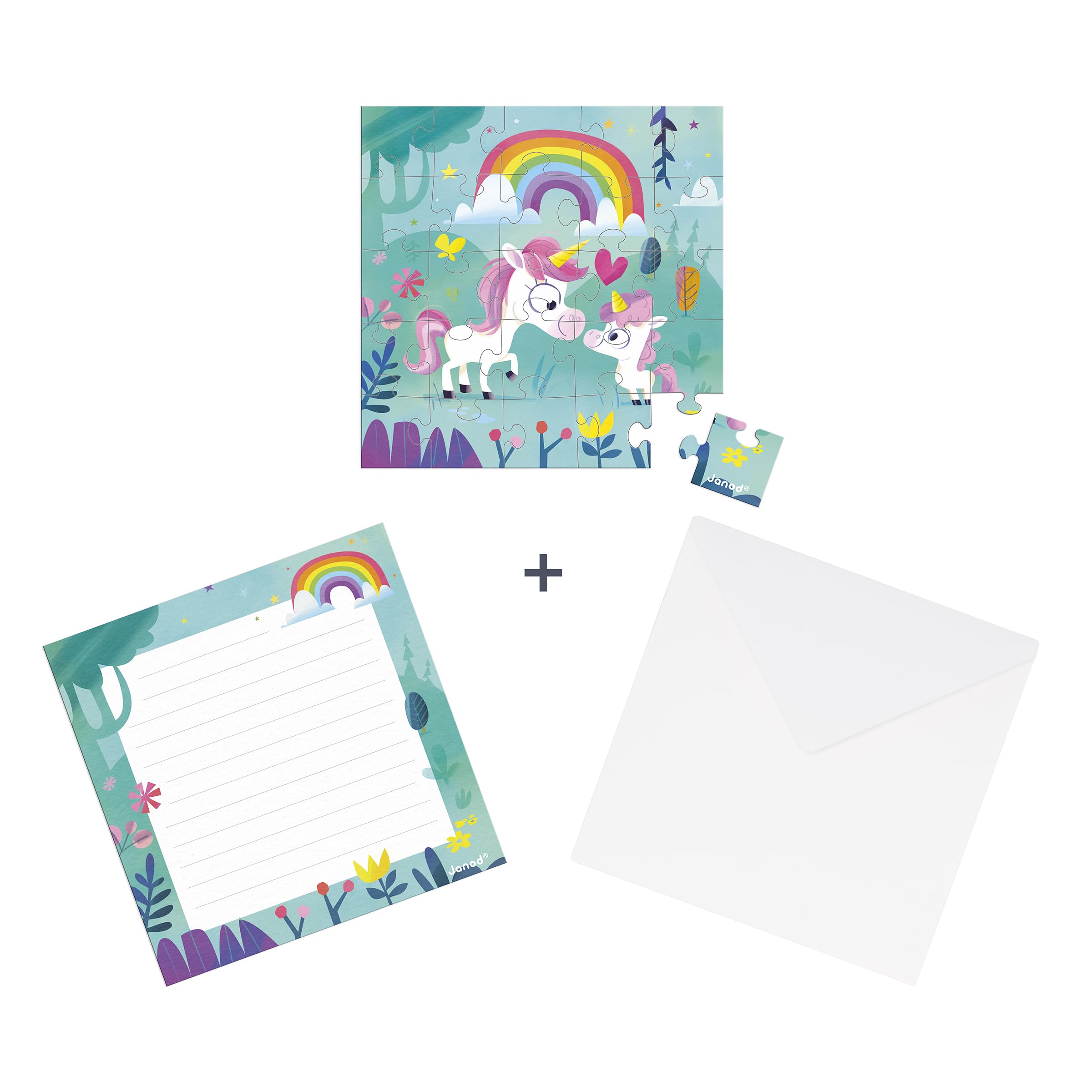 Janod - Biglietto di Auguri Puzzle - Biglietto Regalo Puzzle 25 Pezzi Famiglia unicorni - 1 Biglietto + 1 Busta - Ideale per Biglietti di Auguri, Biglietti di Compleanno - dai 3 Anni in su - 3