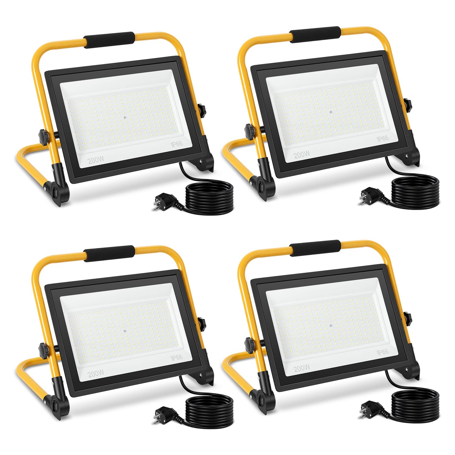 4 x reflektor budowlany LED, 200 W, 12000 lm, IP66, kabel 3 m