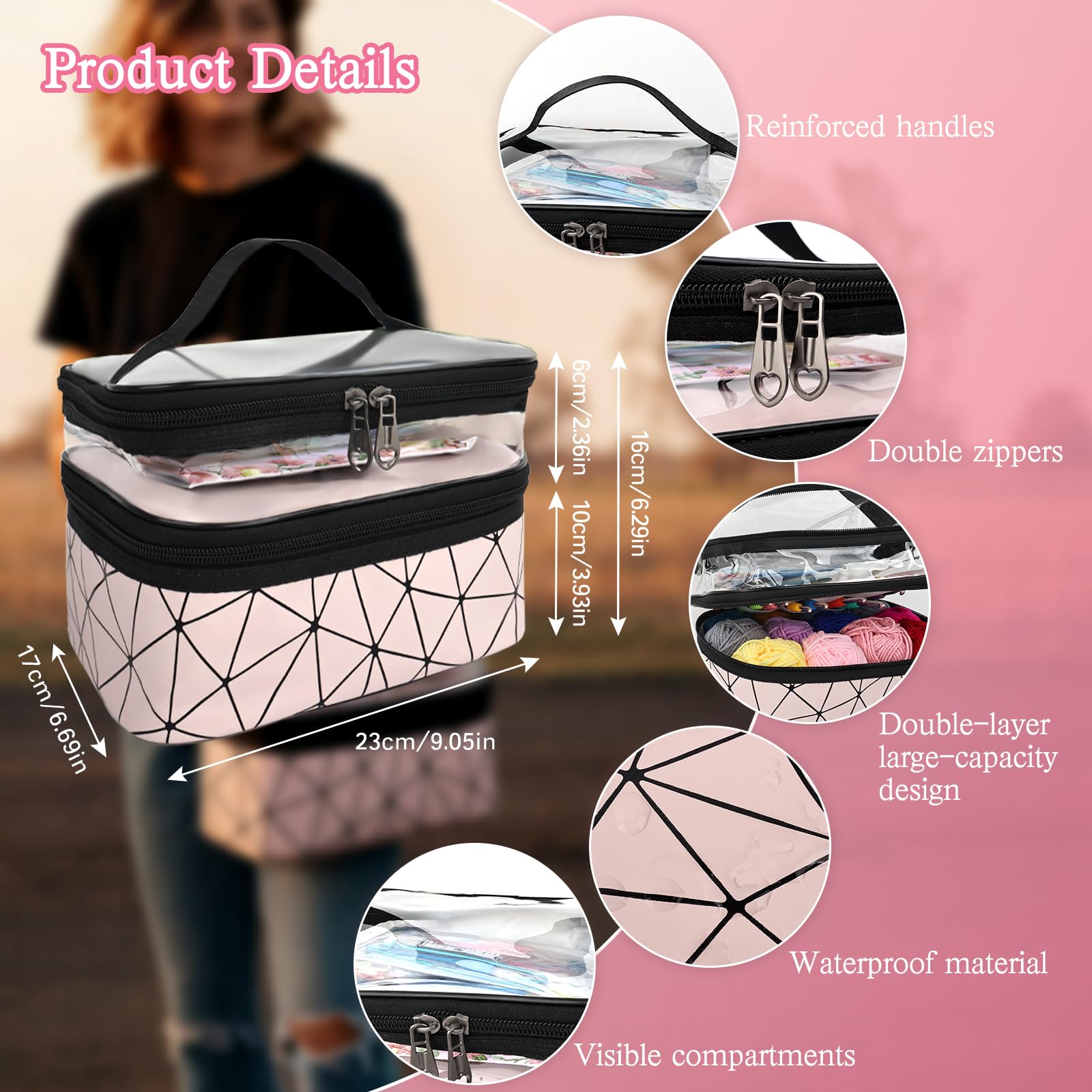 FACIACC Set di 91 uncinetti per principianti, 20 lana, set di uncinetti portatili, con istruzioni, custodia impermeabile, 2 mm - 8 mm, uncinetti ergonomici e accessori all'uncinetto, rosa