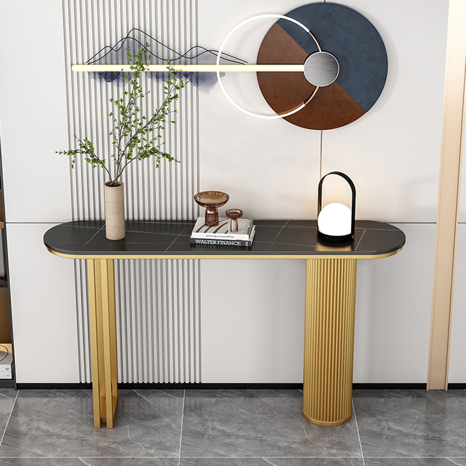 Mesa consola estrecha para recibidor, mesa de recibidor moderna con patas metálicas geométricas, mesas auxiliares, mesa de recibidor con espacio de almacenamiento, mesa de recibidor rústica para pas