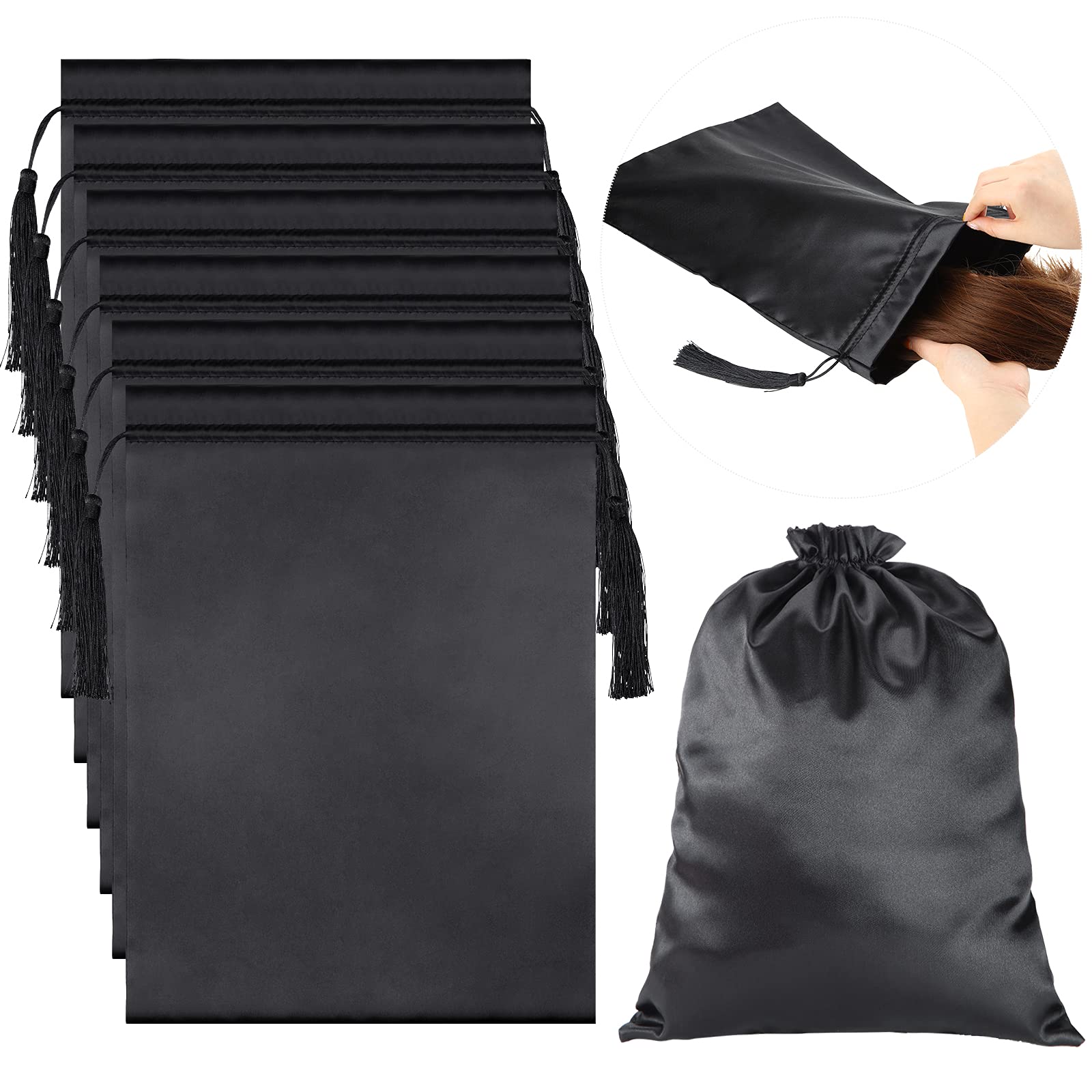 6 Pieces Satin Wig Bags Soft Silky Pouches with Drawstring Tassel Packaging Hair Extensions, Bundles, Wigs Bags Hair Tools Storage Bags for Home and Salon Use, Black, Solid Black Series