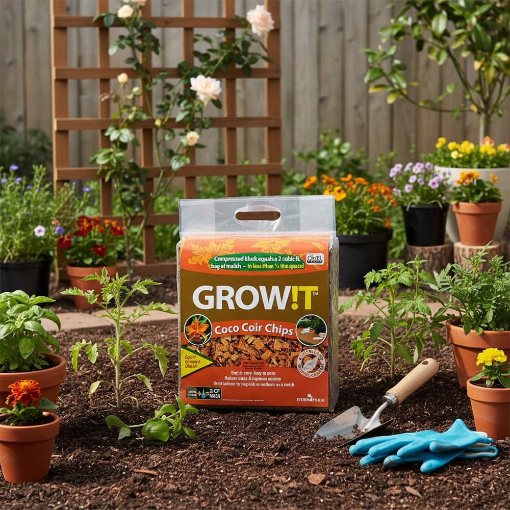 GROW!T JSCC2 - Organic Coco Coir Planting Chips (9 LBs), Block - Promotes Growth tropical flowers and plants, Perfect for indoor or outdoor usage