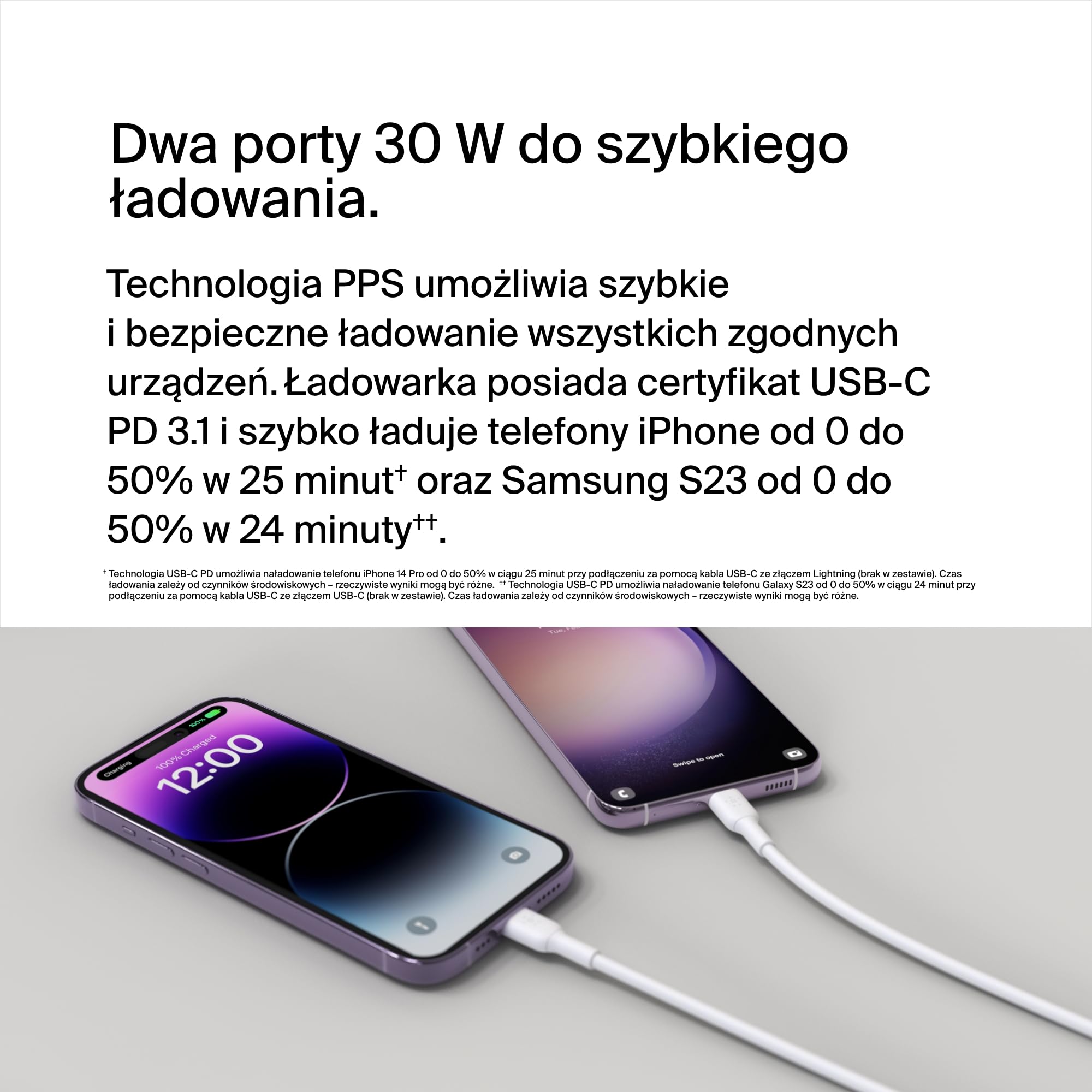 Podwójna ładowarka BelkinBoostChargeUSB-C z PPS 60 W do urządzeń Apple, Samsung i Google – zgodna z kablami Lightning oraz USB-C – kolor biały, WCB010VFWH