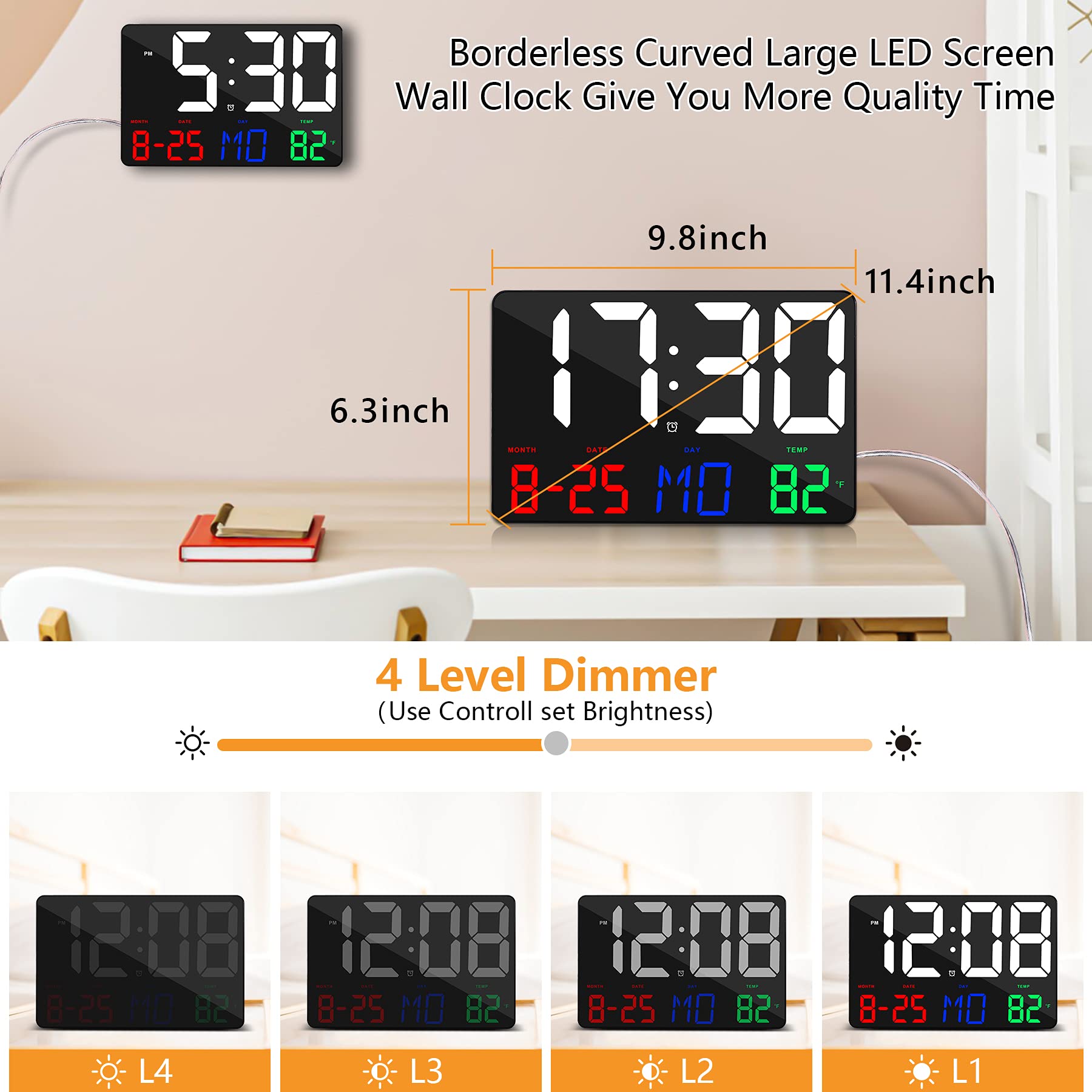 Digital Wall Clock,11.4" LED Digital Clock Large Display with Remote