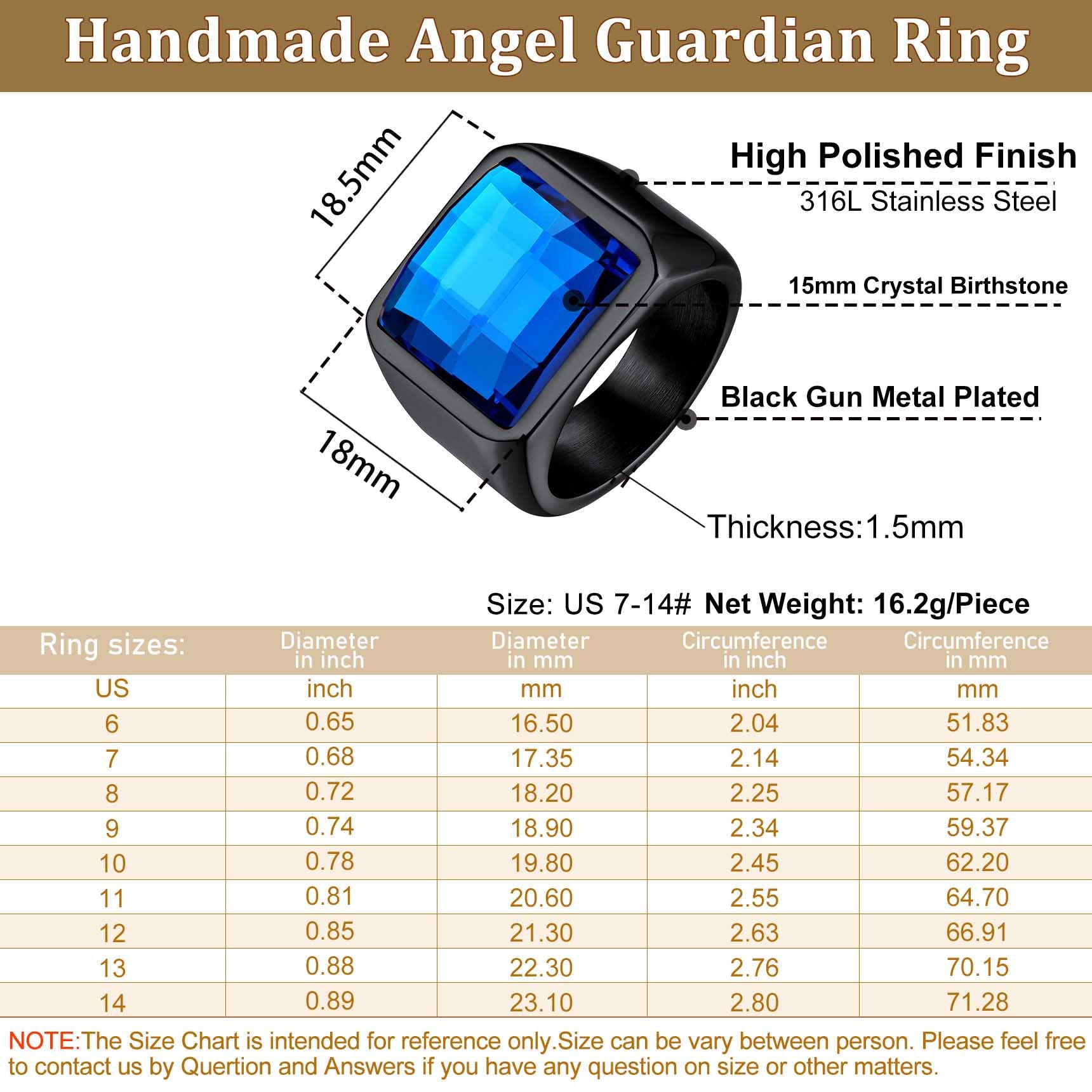 Bestyle Anillo Hombre Grande Anillos de Sello Cuadrado 15mm Ancho Anillo con Piedra Negro/Azul Anillos Acero Inoxidable Personalizados Anillos Hombre Tamaño 14.5-32.5