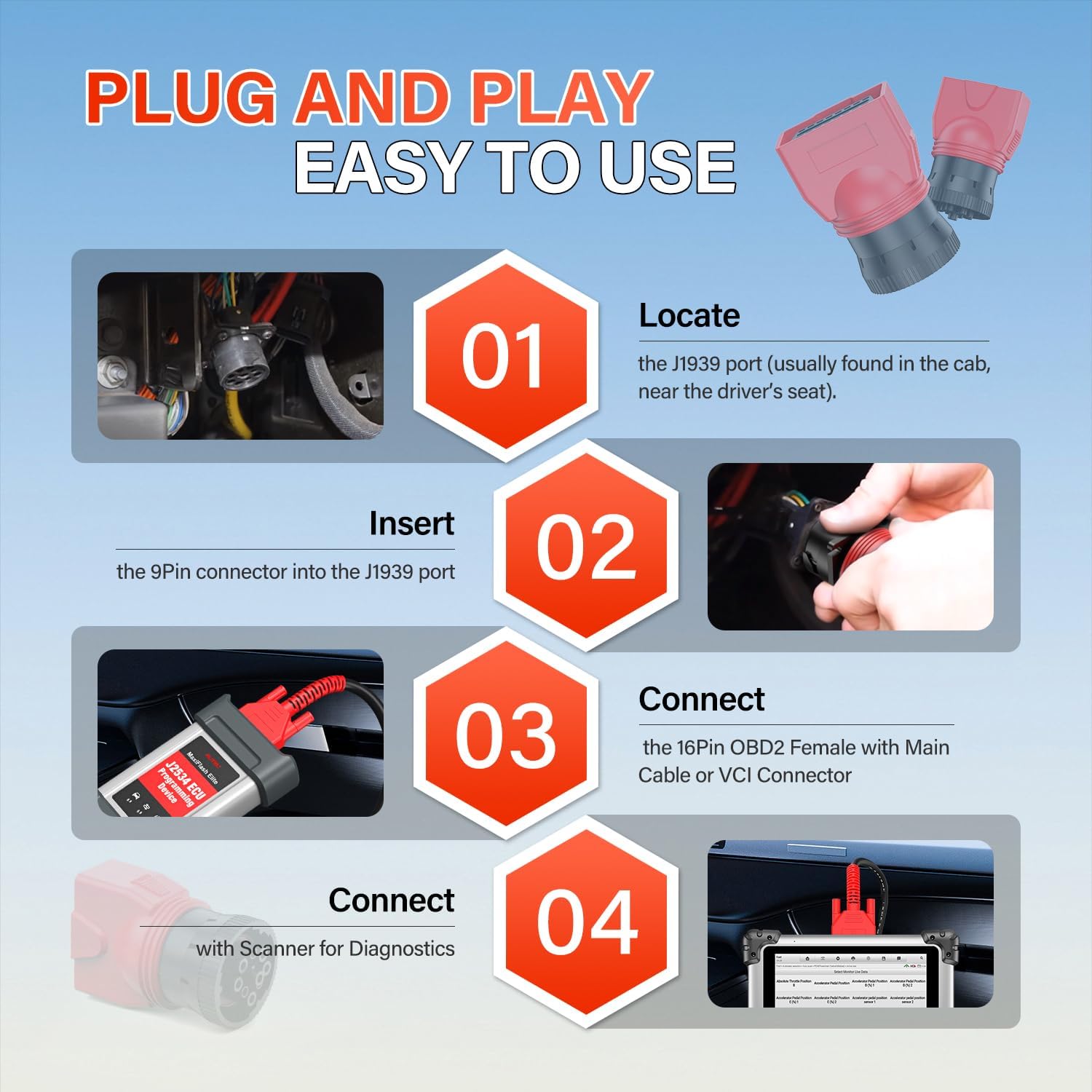 Autel Original OBD Diagnostic Adapter, 9Pin J1939 Male to 16Pin OBD2 OBDII Female Connector, Work for Heavy Duty Trucks and Commercial Vehicles, Compatible with OBD2 Automotive Diagnostic Scanners