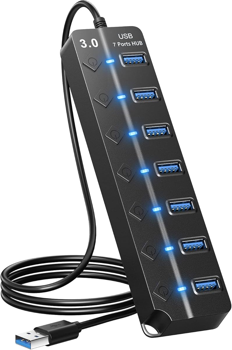 USB Hub 3.0, 7-Port USB Hub Splitter with Individual On/Off Switches and Lights, 3.2ft/1m Long Cable Compatible with MacBook, Laptop, Surface Pro, PS4, PC, Flash Drive, Mobile HDD