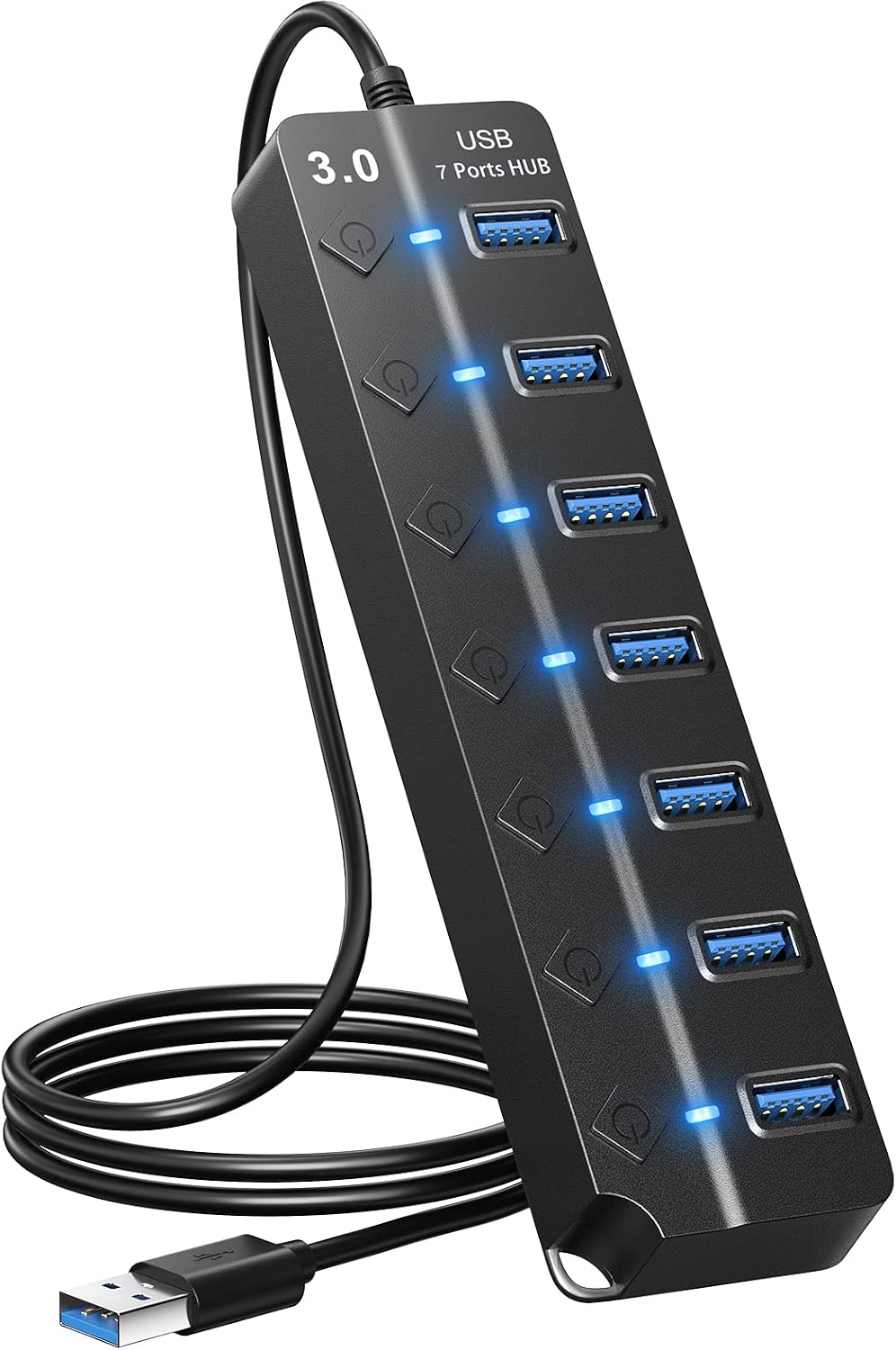 USB Hub 7 Port, USB Splitter with Individual On/Off Switches and Lights. | USB 3.0 Hub with 3.3ft Cable, Extender for A Port Laptop, PC, Desktop