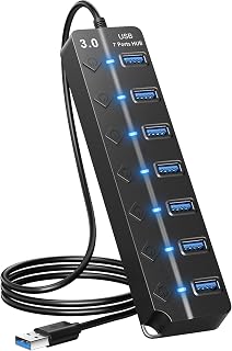 Onfinio 7-Port USB 3.0 Hub with Individual Switches & LED Lights, 1m Cable for MacBook, Laptop, PC, PS4, HDD