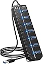 USB Hub 3.0, 7-Port USB Hub Splitter with Individual On/Off Switches and Lights, 3.2ft/1m Long Cable Compatible with MacBook, Laptop, Surface Pro, PS4, PC, Flash Drive, Mobile HDD
