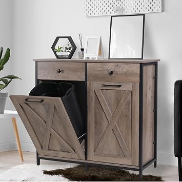 Dual Tilt Out Trash Cabinet, 2X10 Gal Hidden Garbage Can Cabinet | Pet Proof Kitchen Pull Out Trash Cabinet, Freestand Wooden Laundry Sorter Cabinet, W/Drawer, Barn Door,for HomeGreige