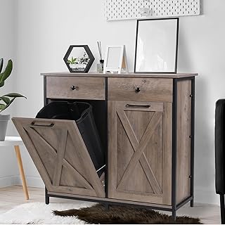 Arlopu Double Tilt Out Trash Cabinet, 20 Gallon Pet Proof Kitchen Pull Out Recycle Cabinet, Freestanding Wooden Laundry Sorter with Drawer, Barn Door Style for Home, Living Room (Greige)