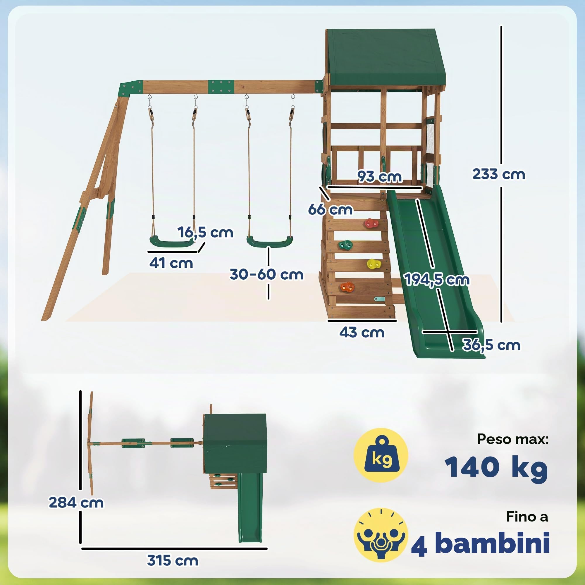 Qaba Set altalena legno scivolo 2 altalene parete roccia ponte coperto | Parco giochi esterno, per bambini, legno.