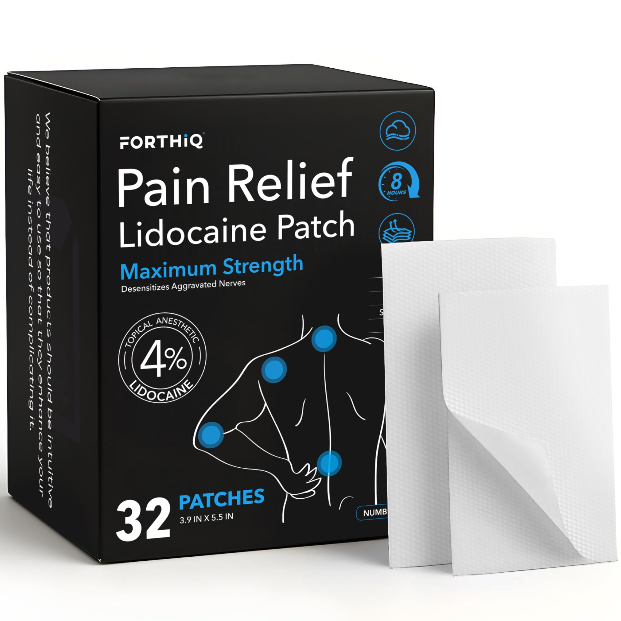 FORTHiQ 4% Lidocaine Pain Relief Patches, 32 Count – Maximum Strength for Back, Neck, Shoulder, Knee & Joint Discomfort