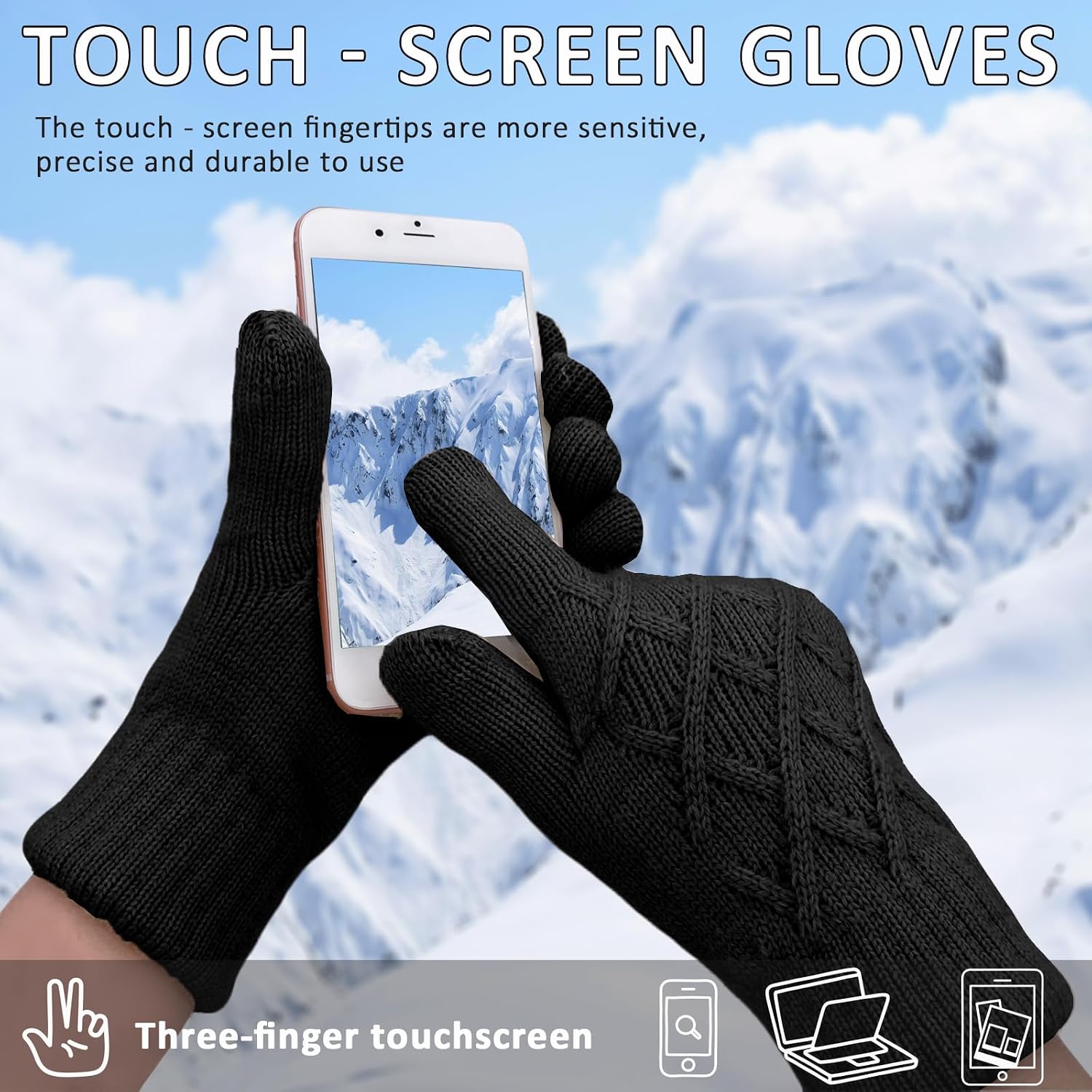 Winter Wool Gloves for Women Men Warm Touch Screen Fleece Lined Elastic Knit Snow Gloves for Cold Weather
