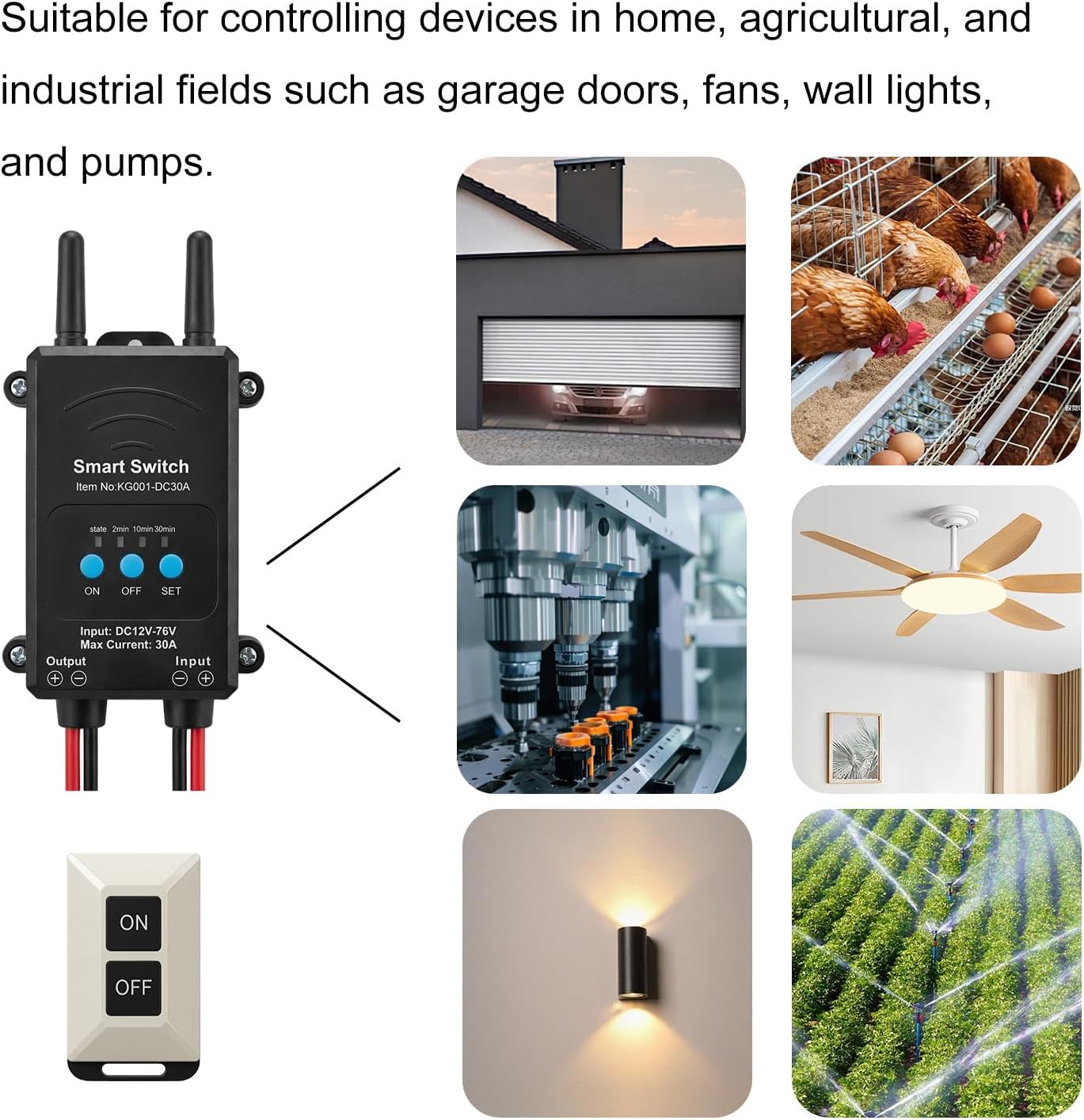 DC Wireless Remotes Switch,Bluetooth Remote Control DC12-76V,Wireless Relay Switch work for agricultural and industrial control of garage doors, electric rolling shutter doors, light, water pumps, etc