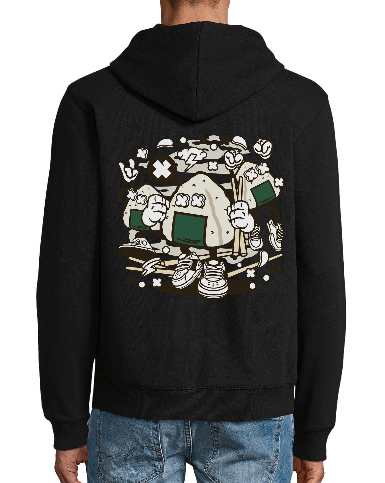 Onigiri - Felpa con cappuccio in misto cotone con cerniera, stile hip hop, stile tradizionale giapponese, colore: nero