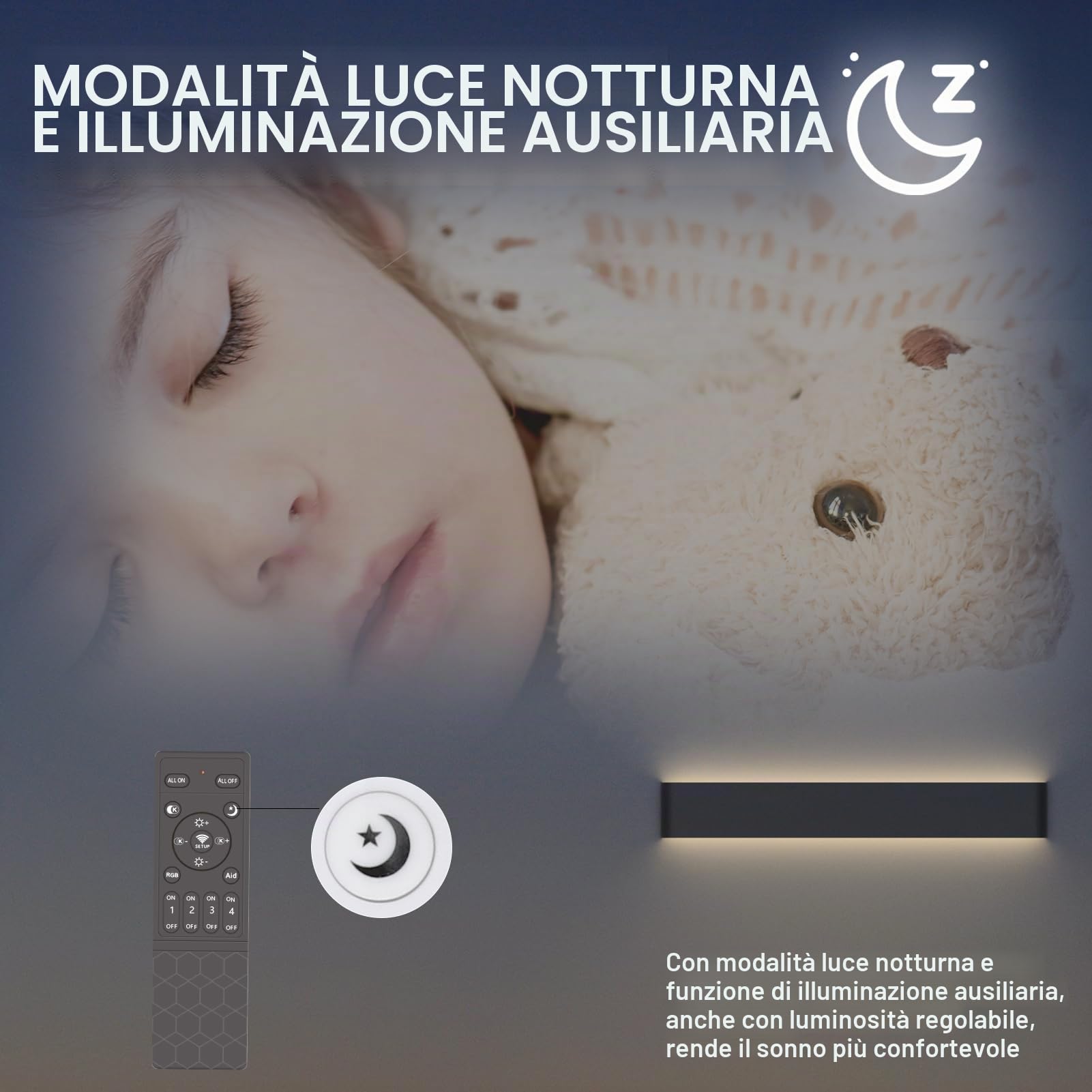 Klighten Applique da Parete LED Interno Dimmerabile con Telecomando, Lampada da Parete Decorativo Mordern, per Soggiorni, Camere da letto, Bagno, 800-2000 Lumen, 3000K-6000K, 20W, 61cm, Bianco