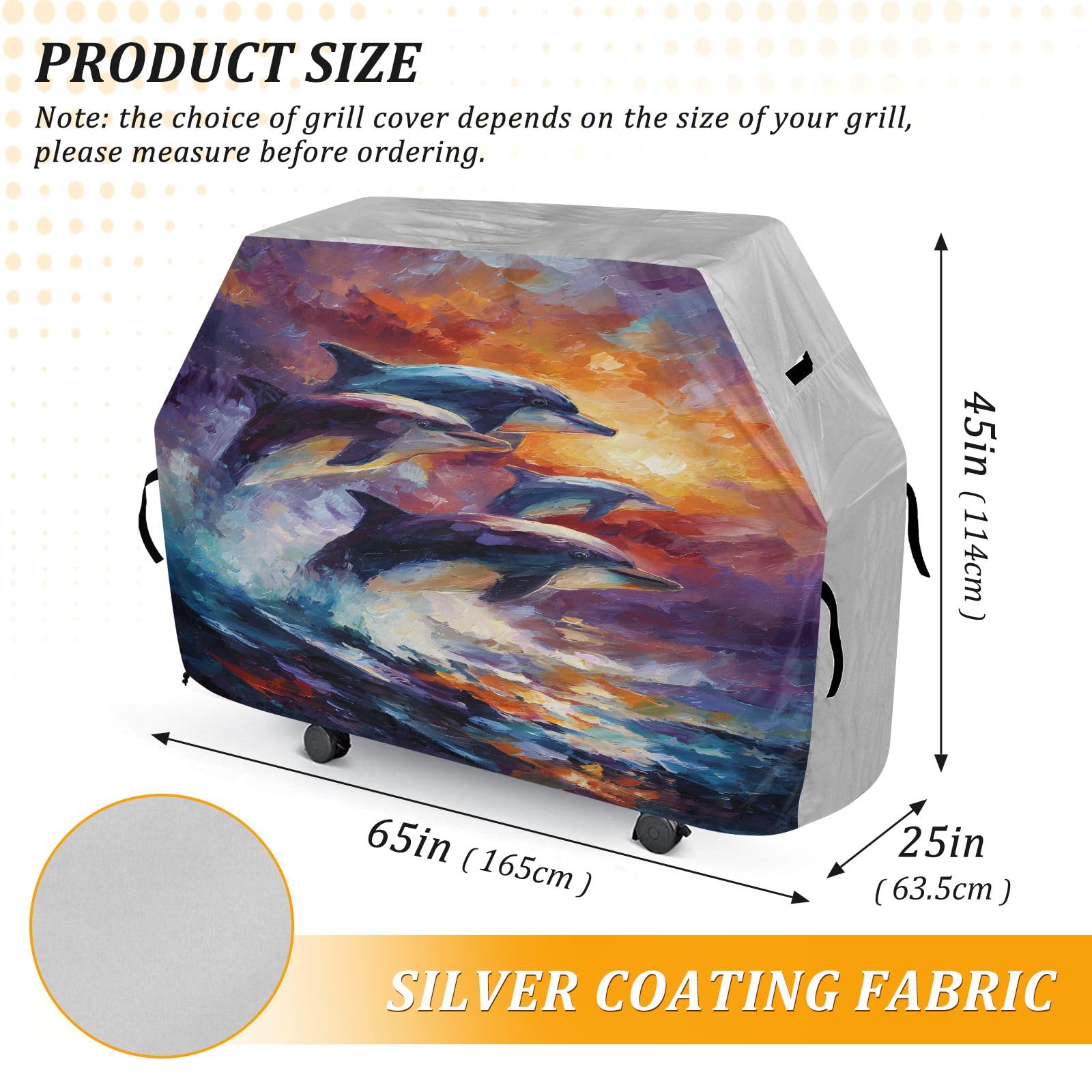 Copertura per barbecue di alta qualità, impermeabile, resistente allo sbiadimento, resistente, adatta per griglie fino a 63 cm, pittura a olio, delfini, tramonto