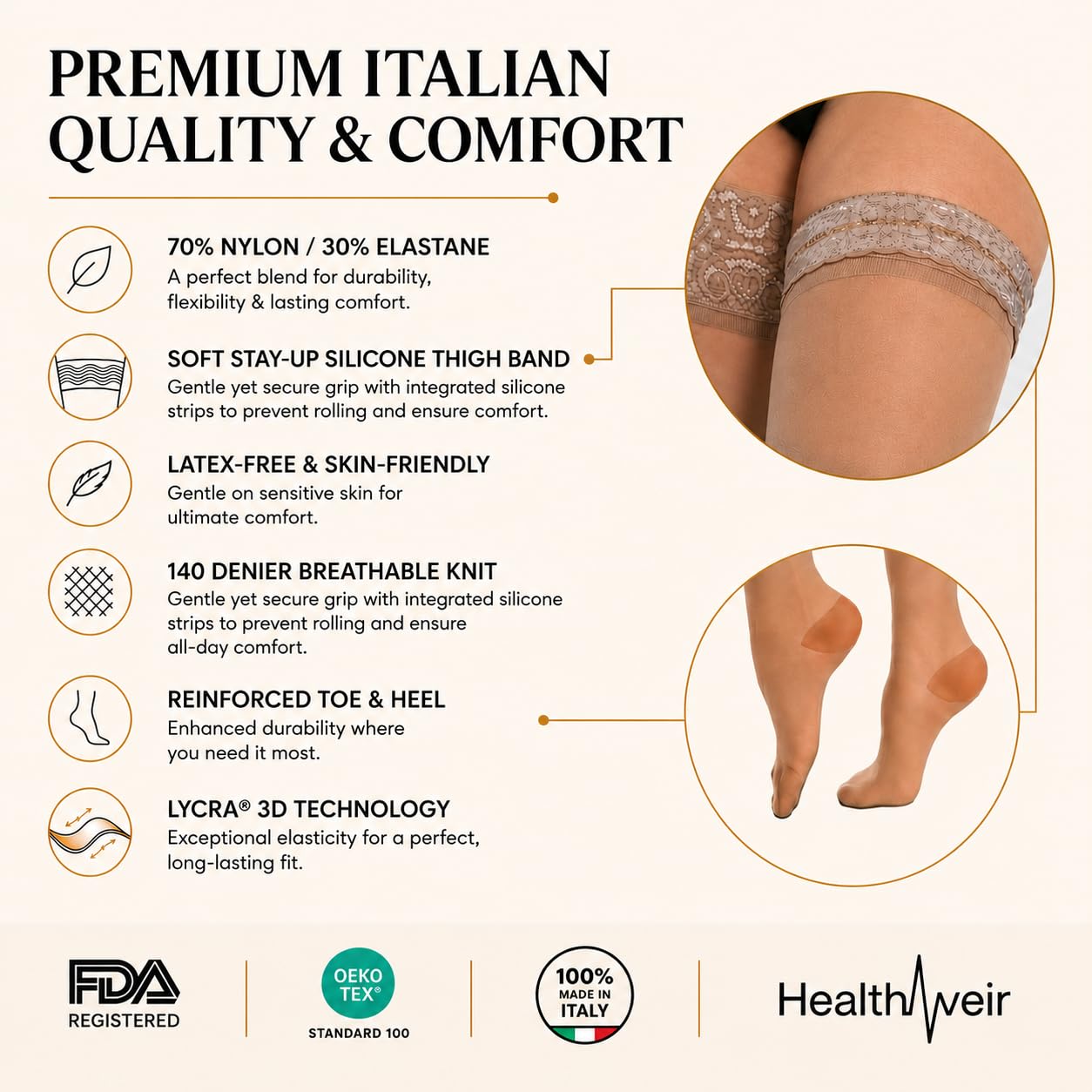 Healthweir Calze a compressione velata per le donne 15-20 (EU 18-22) mmHg - Supporto medico Punta chiusa Ted Tubo con fascia in silicone per vene varicose Maternità Anti Embolismo (3, Cammello)